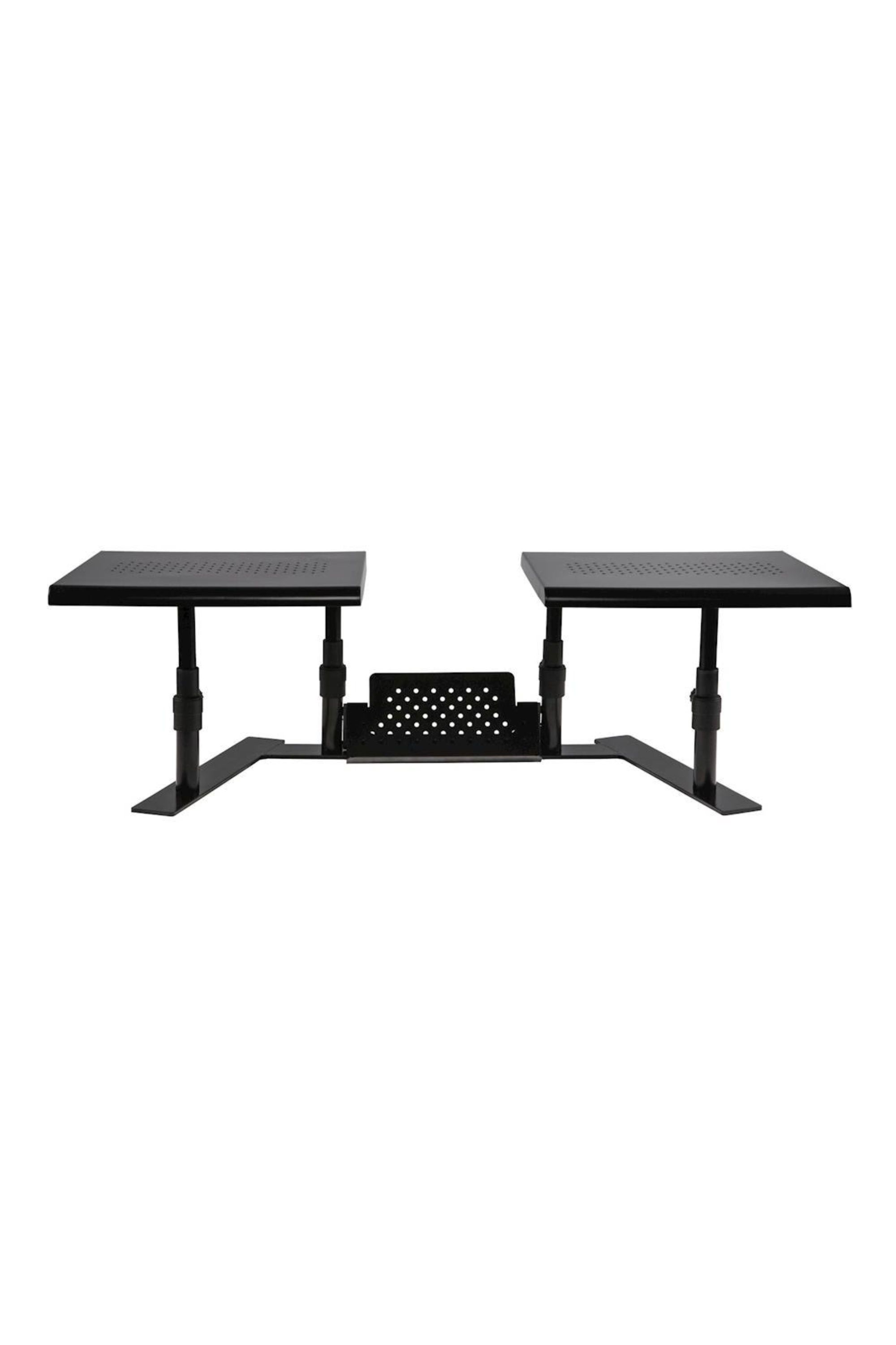 An Allsop Dual-Monitor stand, black with both arms stretched to the sides.