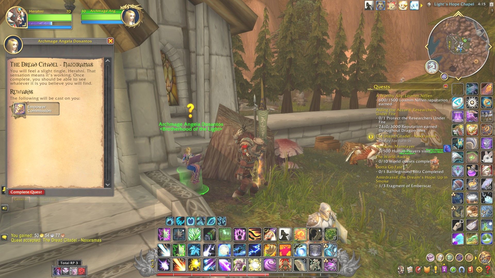 Archmage Angela Dosantos sitting on the stoop of Light's Hope Chapel, speaking to a highmountain tauren druid, with her text box open to a quest; The Dread Citadel- Naxxramas