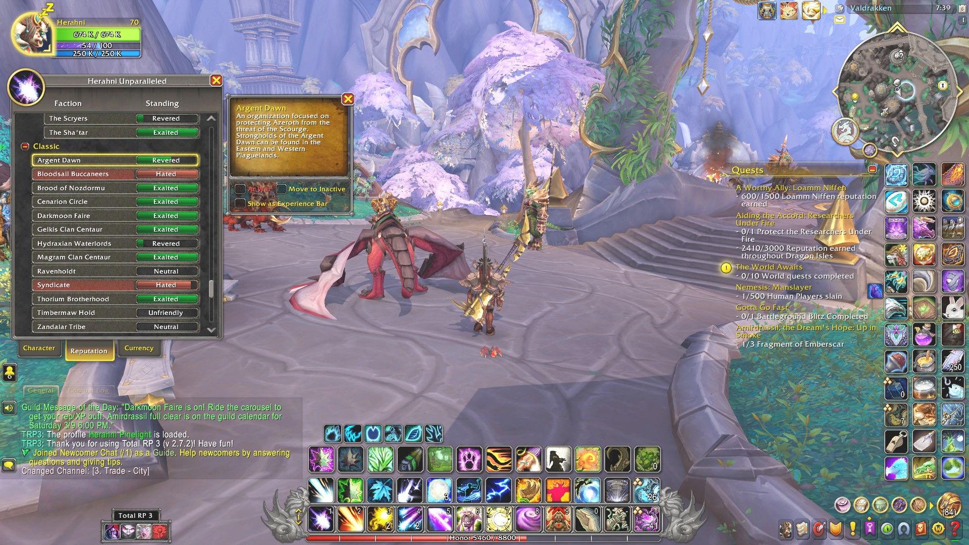A highmountain tauren standing in Valdrakken with their reputation panel open to the Argent Dawn faction