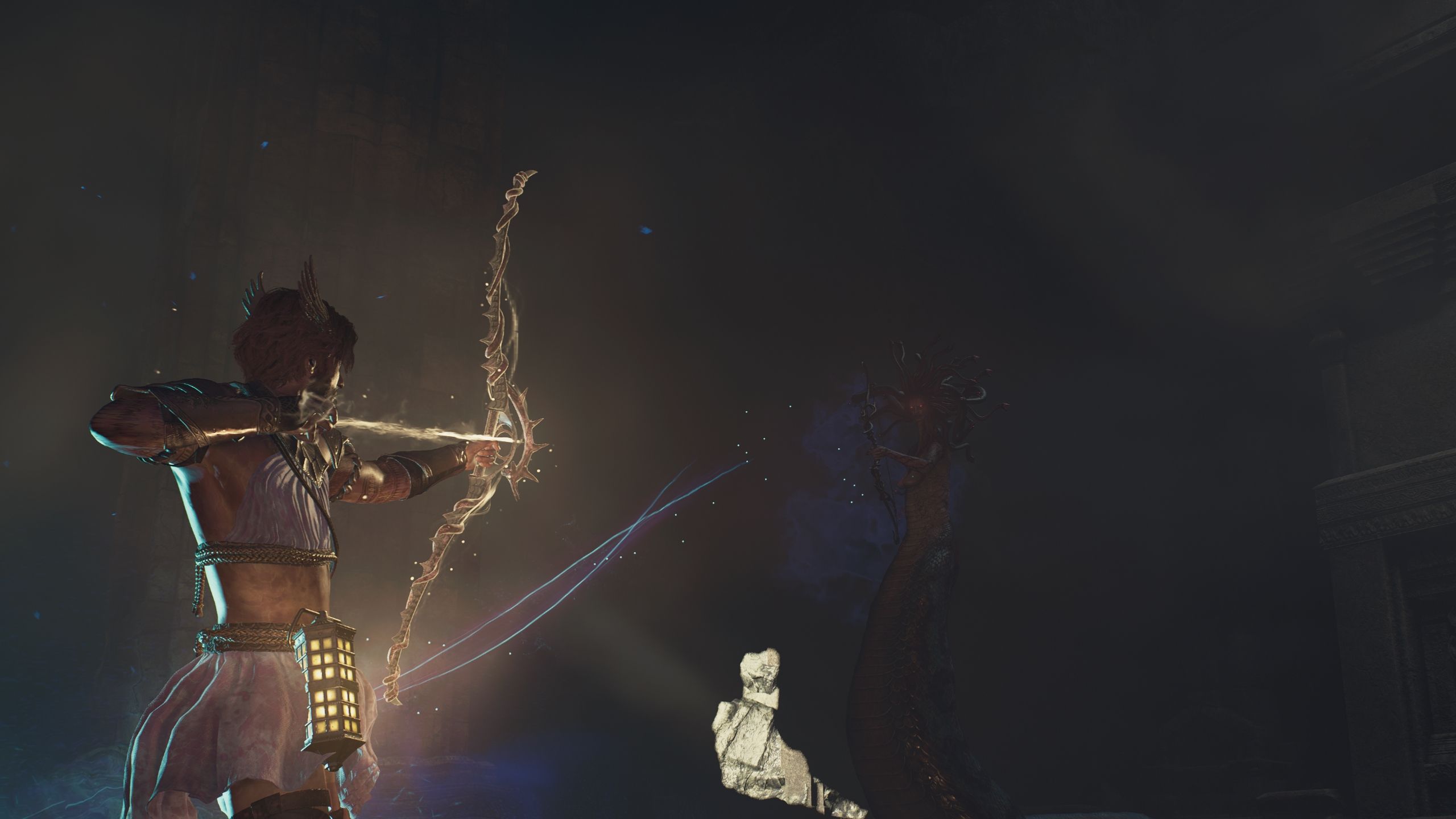 Arisen aiming his magick bow at Medusa while she is also having her bow - Dragon's Dogma 2