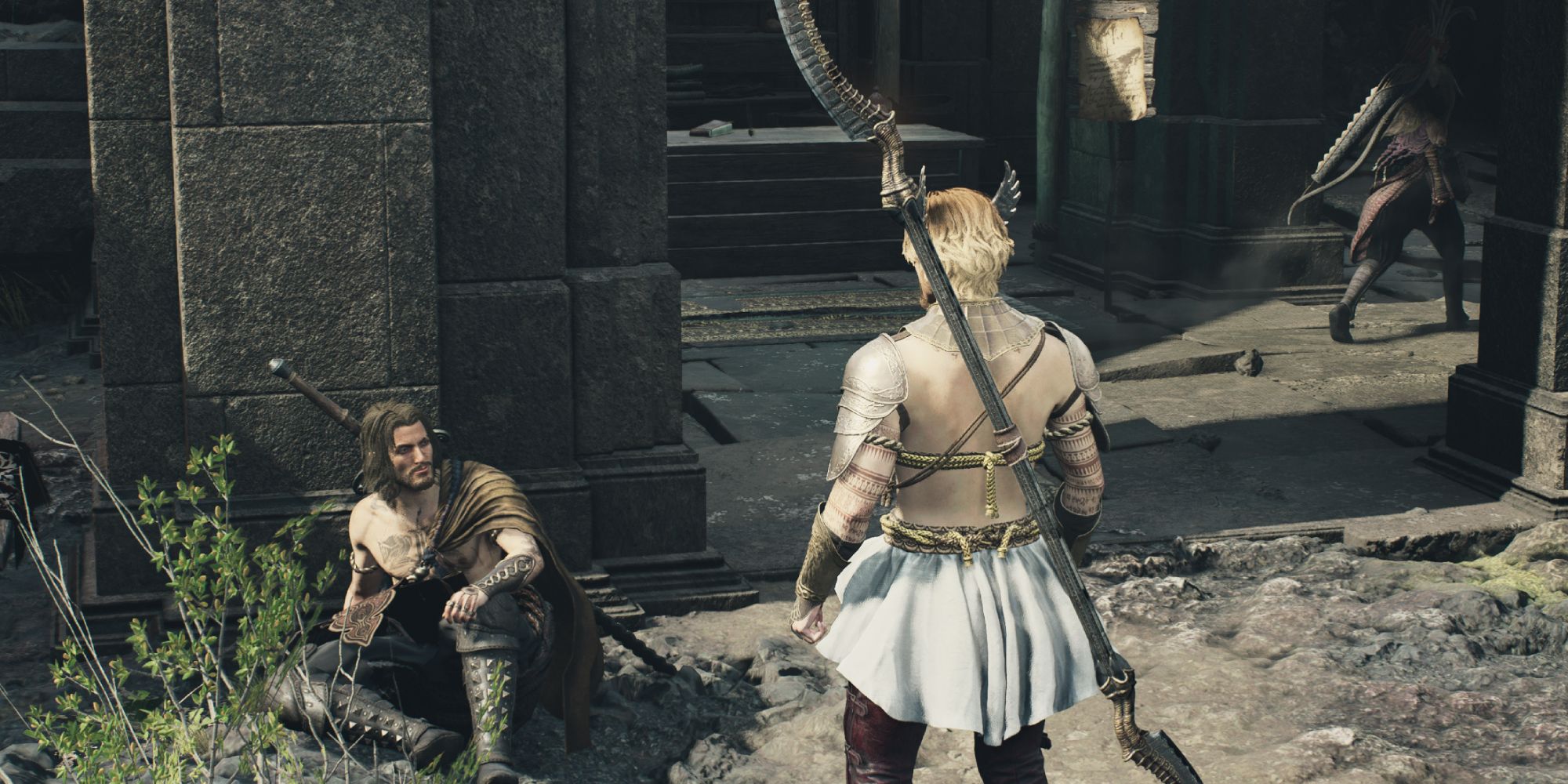 Arisen is standing next to Lamond who is sitting on the ground - Dragon's Dogma 2