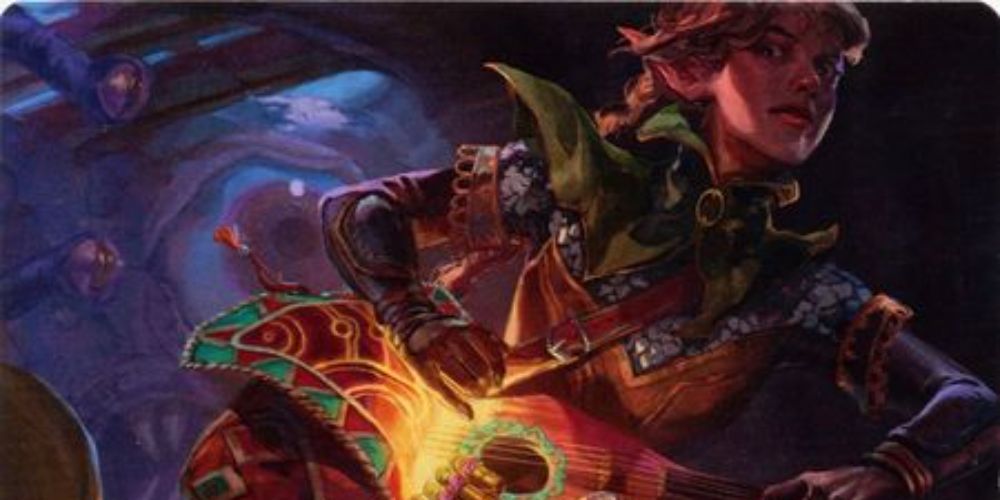 A Tiefling running through a corridor while shoving a lute into a bag of holding.