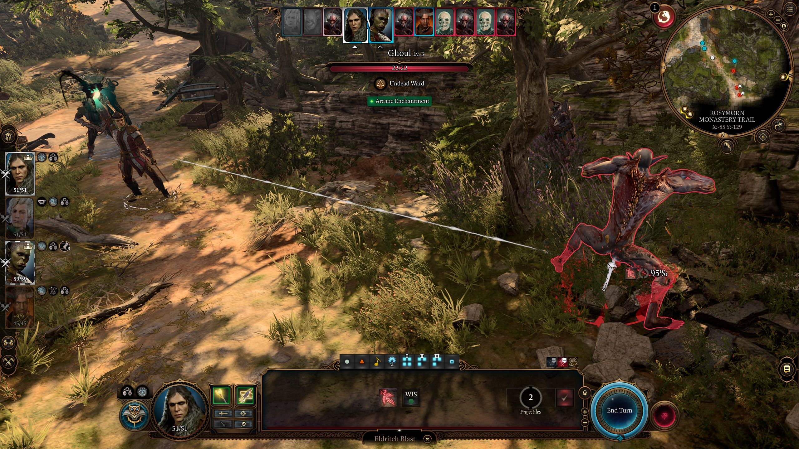 Baldur's Gate 3 Knowledge Cleric Casting Eldritch Blast.