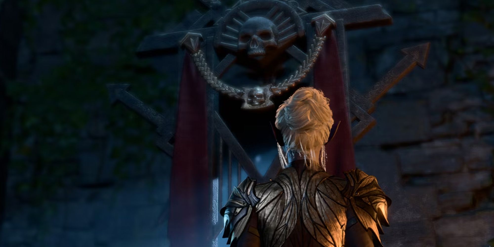 Baldurs Gate 3 screenshot of Minthara with her back turned to the cameera looking up at a skull emblem