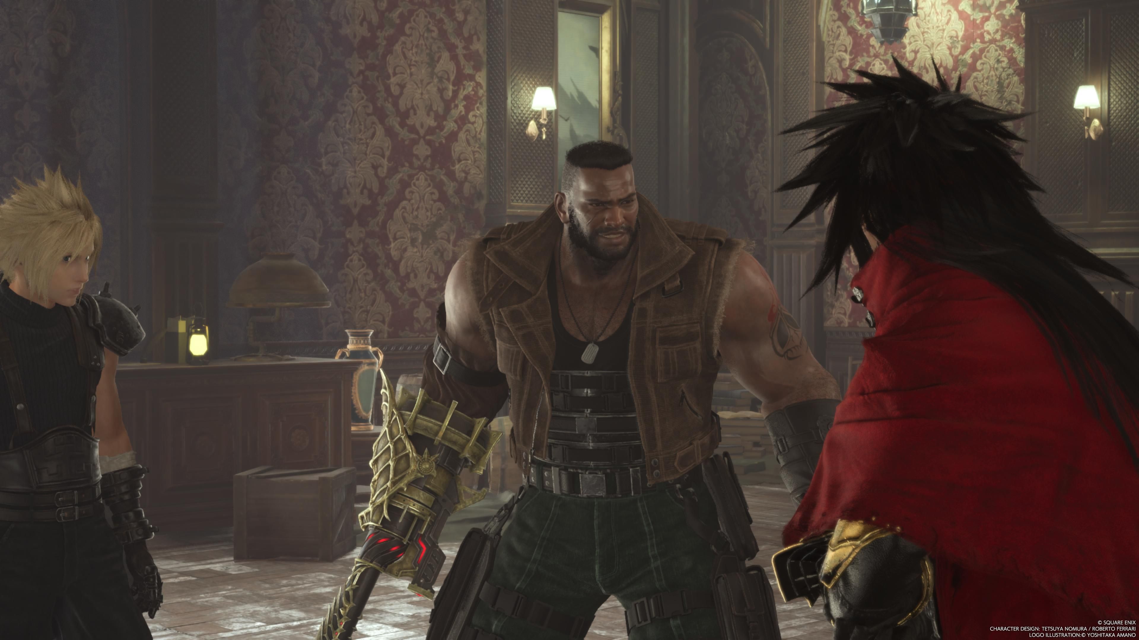 Barret looks scared, while talking to both Cloud and Vincent - FF7 Rebirth