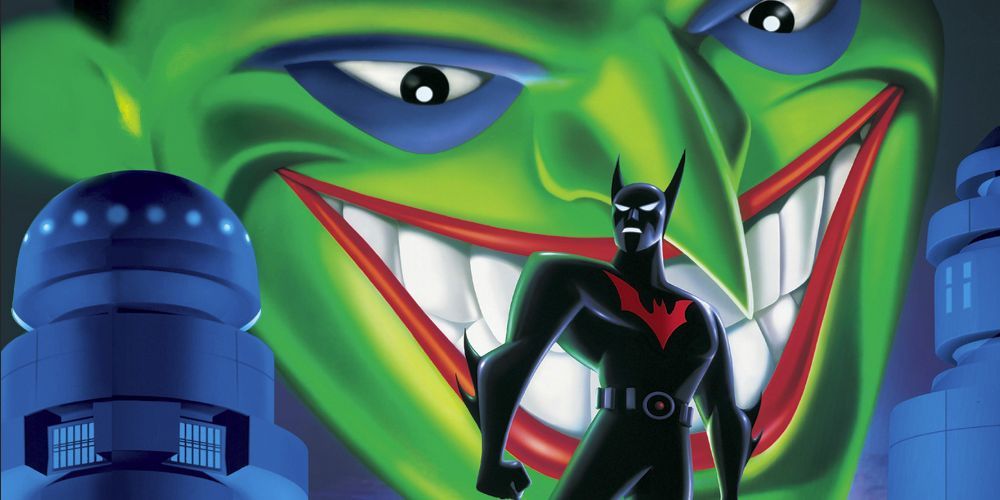 Batman Beyond stands below the large, green face of the Joker.