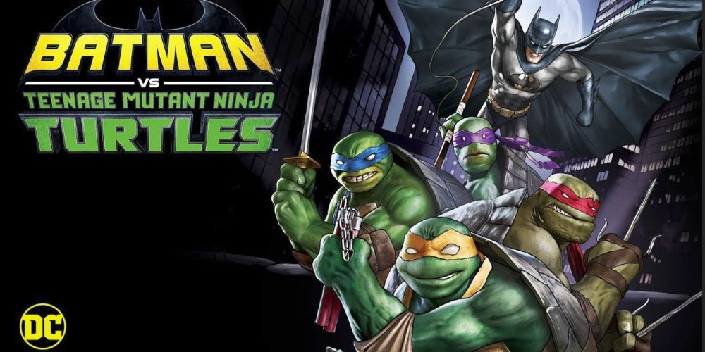 Batman swoops in above The Teenage Mutant Ninja Turtles. 