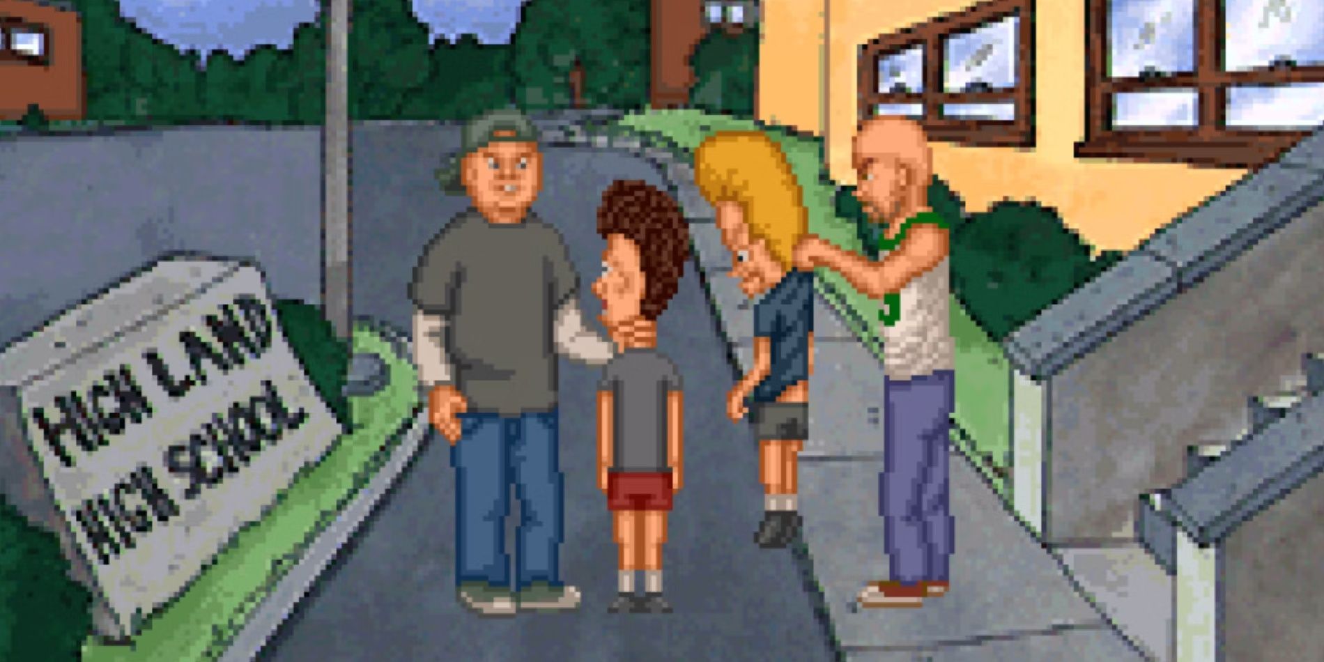 Beavis and Butt-Head outside of High Land High School in Beavis and Butt-Head in Virtual Stupidity