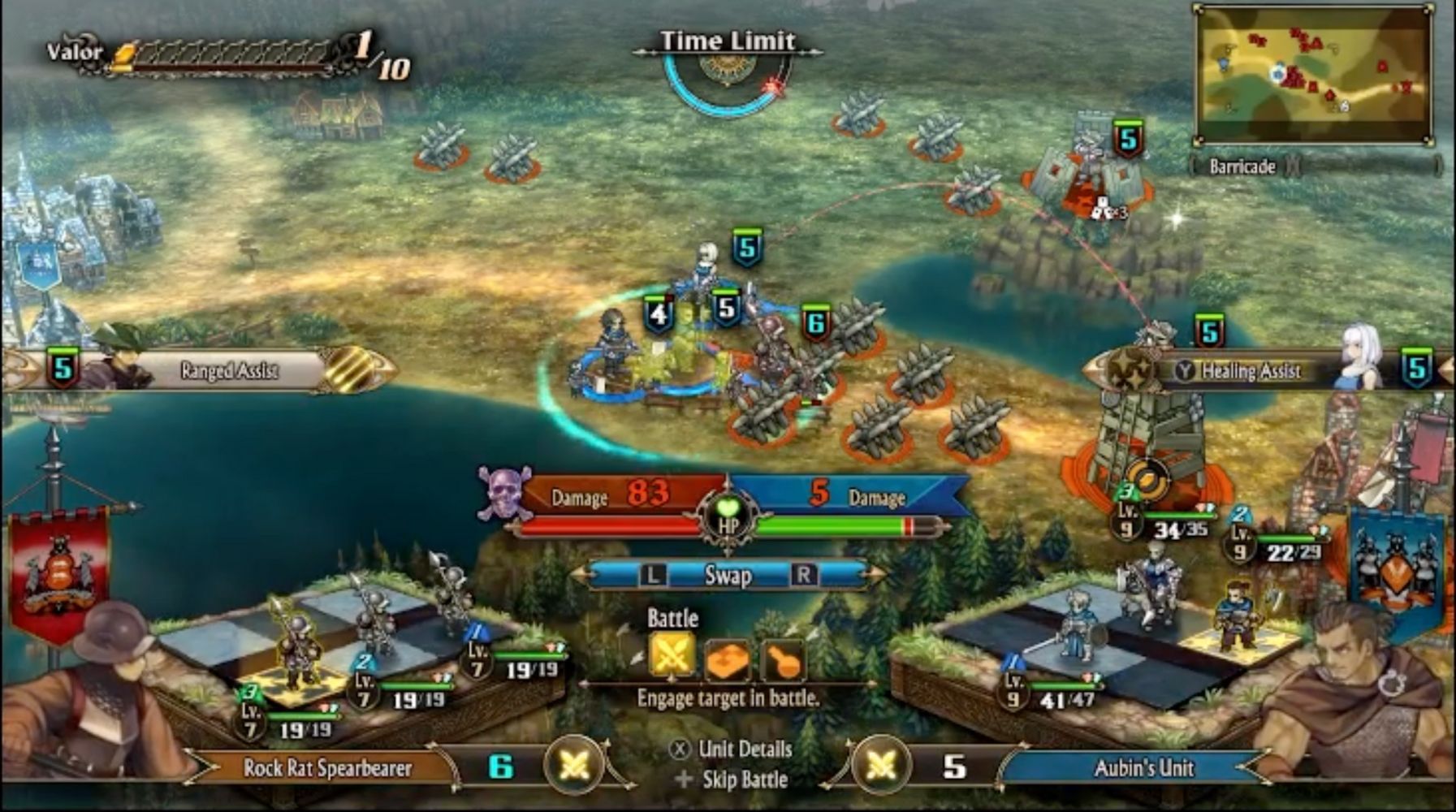 A screenshot of Unicorn Overlord showing a battle between Aubin and an enemy spearbearer