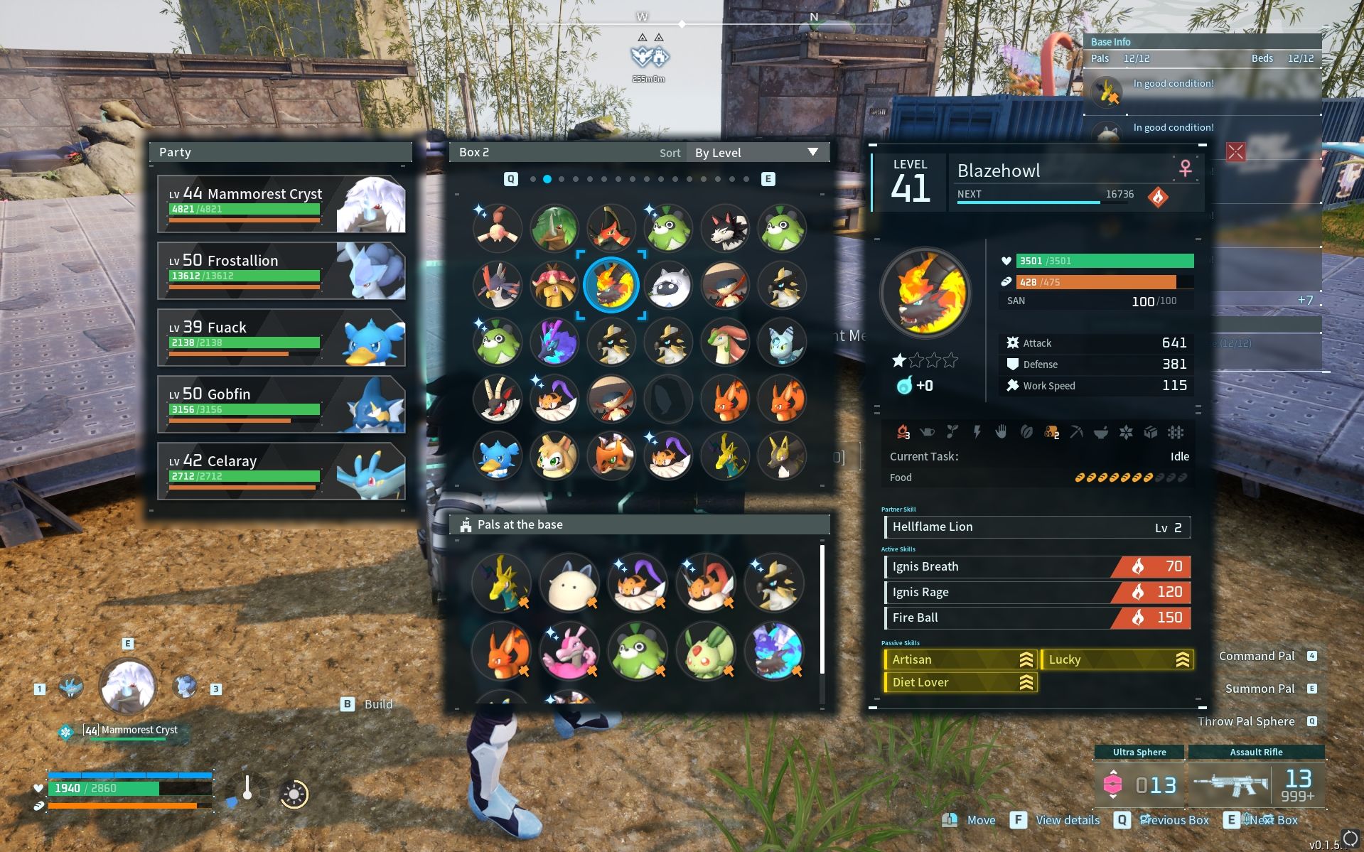 Blazehowl pal showcase with the highest work speed in Palworld