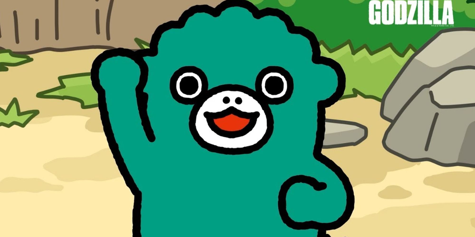 Chibi Godzilla strikes a winning pose and smiles at the camera.