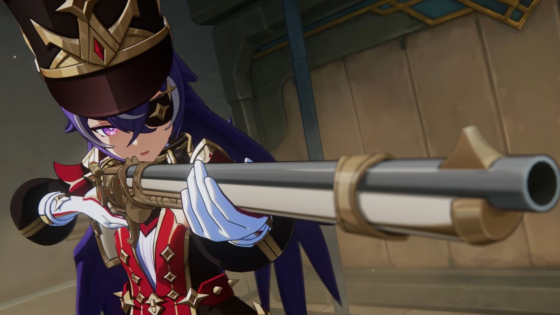 Chevreuse holds her gun in Genshin Impact.