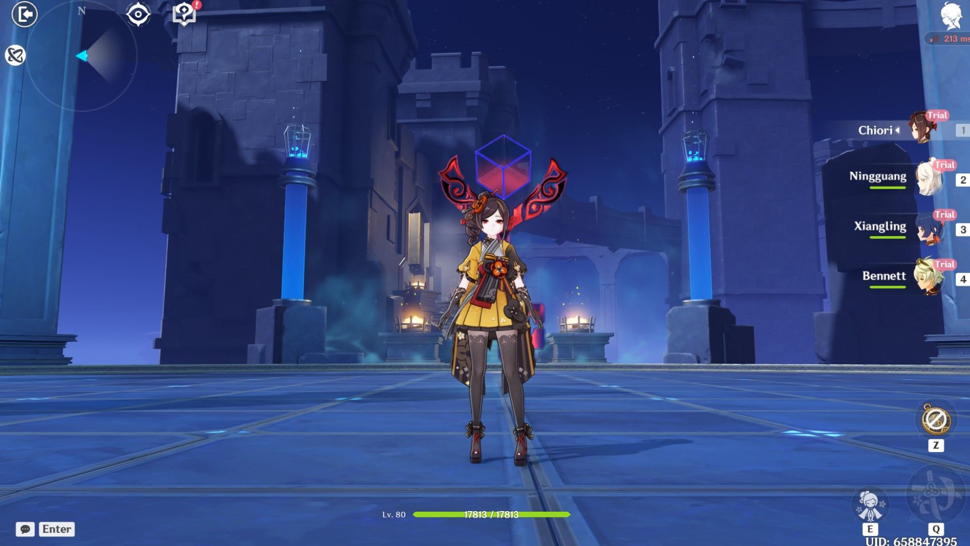 Chiori stands in front of a glowing red key in Genshin Impact.