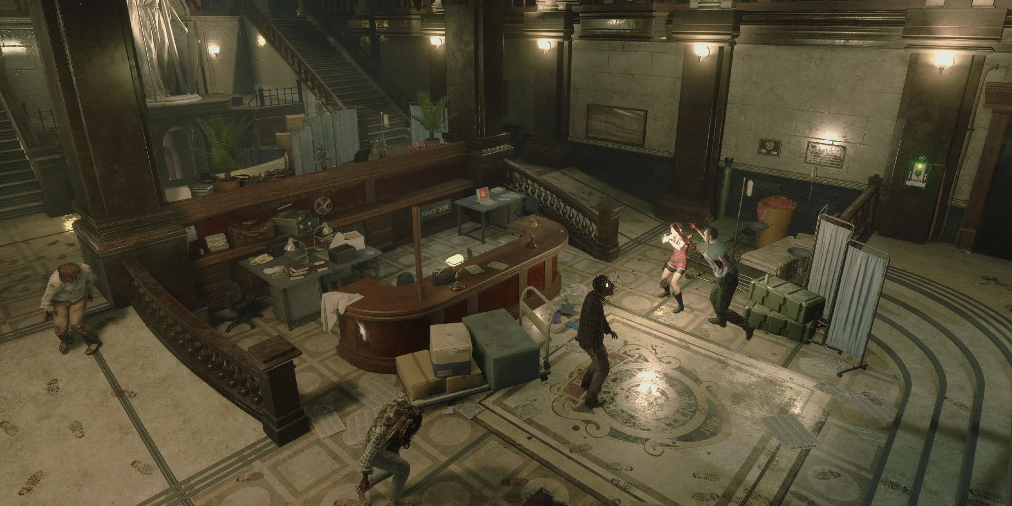 Claire Redfield fighting several zombies in a police station
