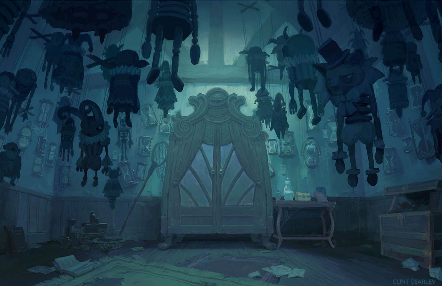 A hag's chamber in the feywild, filled with magical knick-knacks and creepy paraphernalia