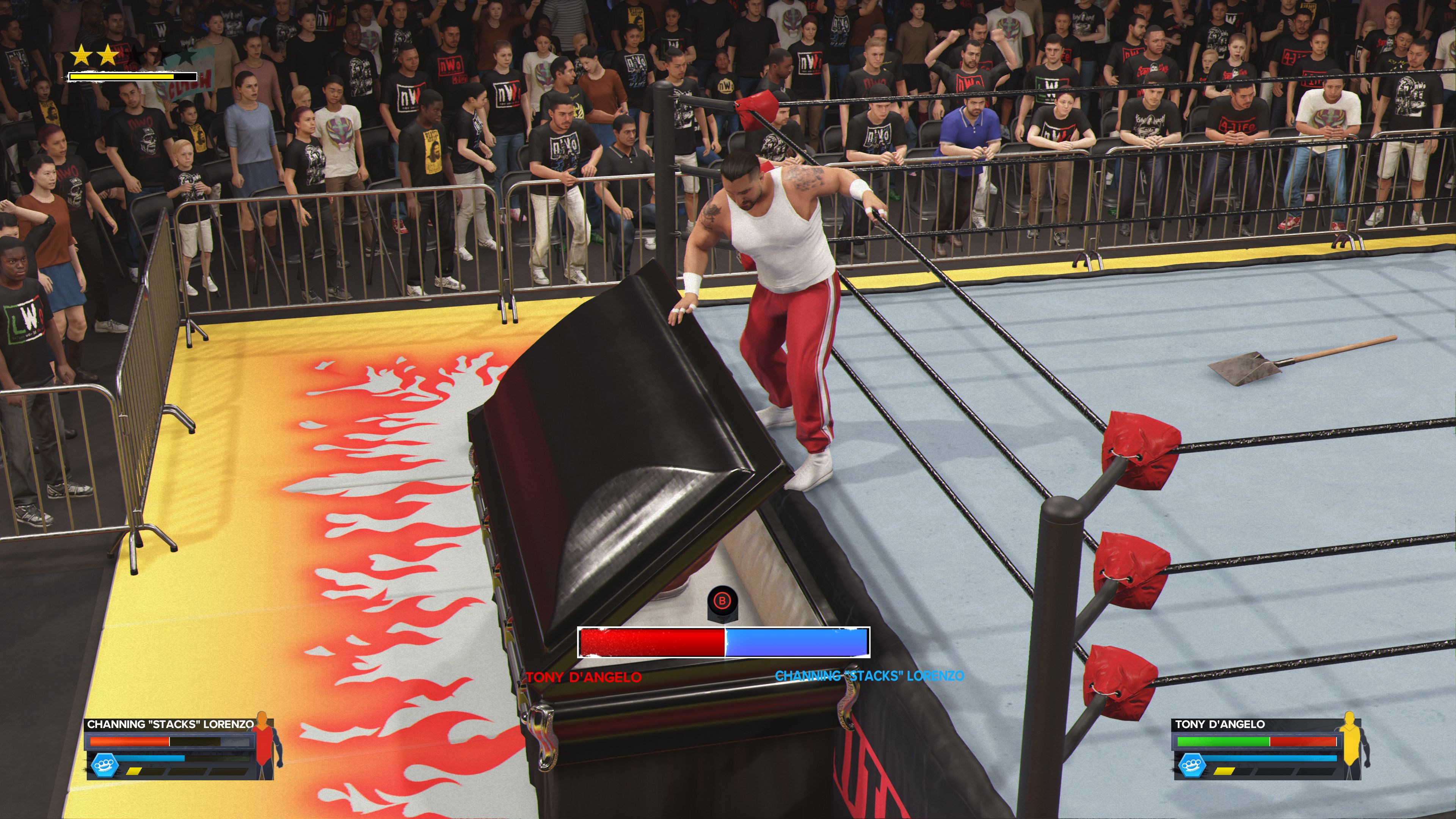 Tony D'Angelo attempts to close the casket on Channing "Stacks" Lorenzo in WWE 2K24.