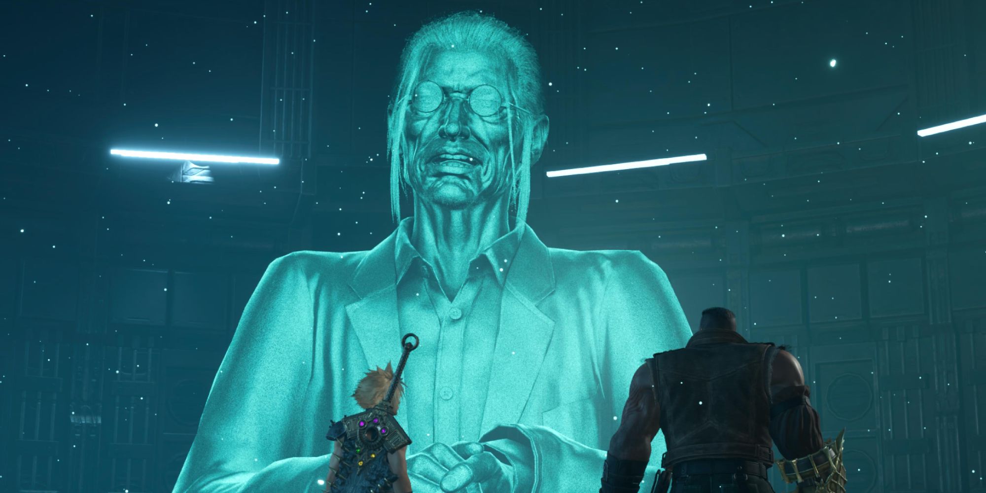 Cloud and Barret are looking at an AI of Hojo - FF7 Rebirth