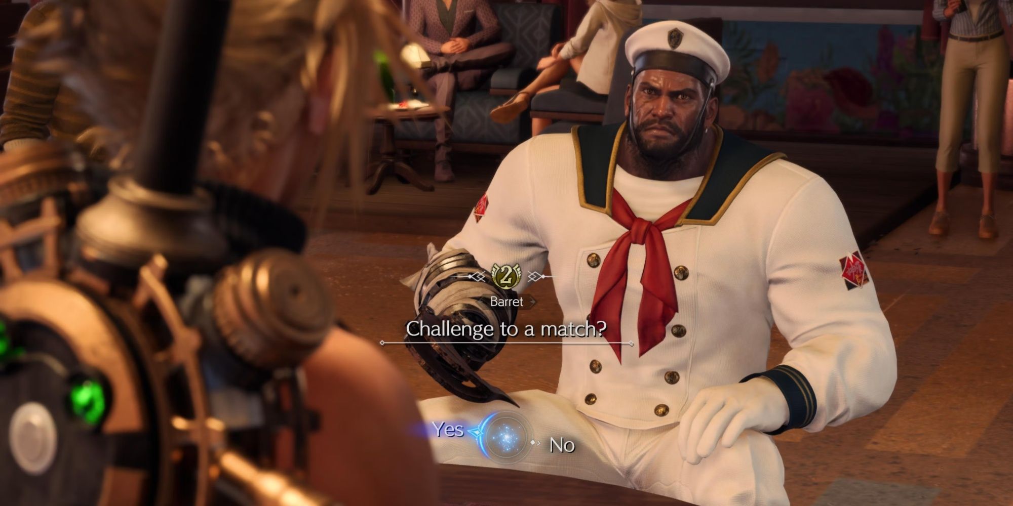Cloud being asked by the UI if he wants to challenge Barrett, who is wearing his sailor costume, to a Queen's Blood match in Final Fantasy 7 Rebirth-1