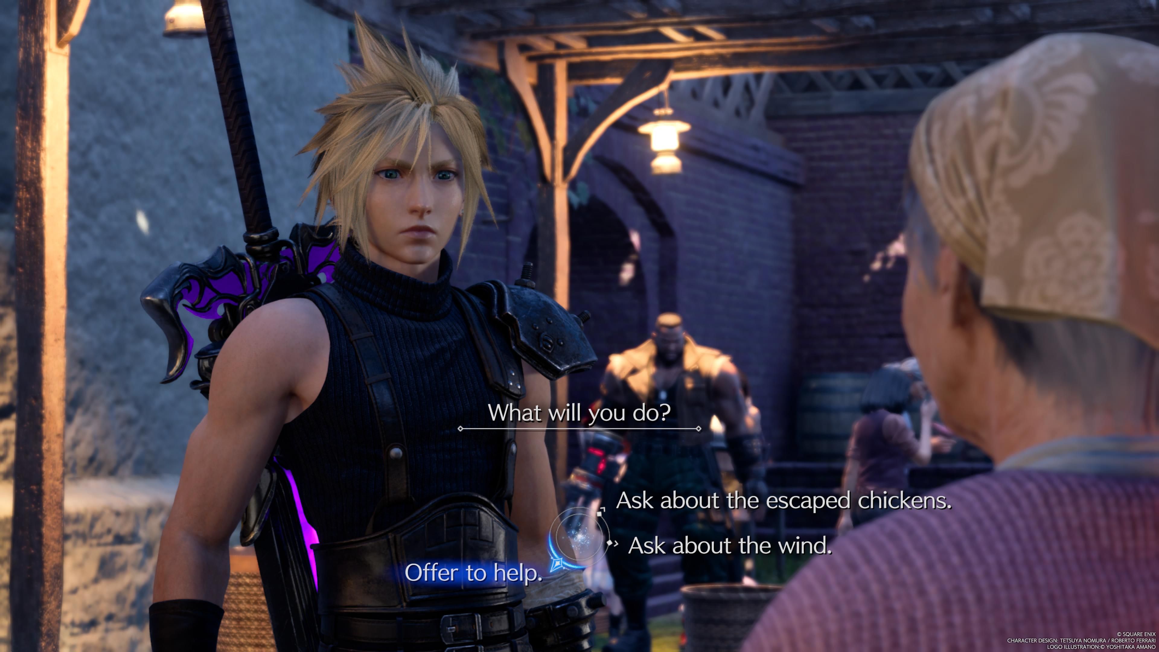Cloud is about to offer help to Kazhra to find her chickens - FF7 Rebirth