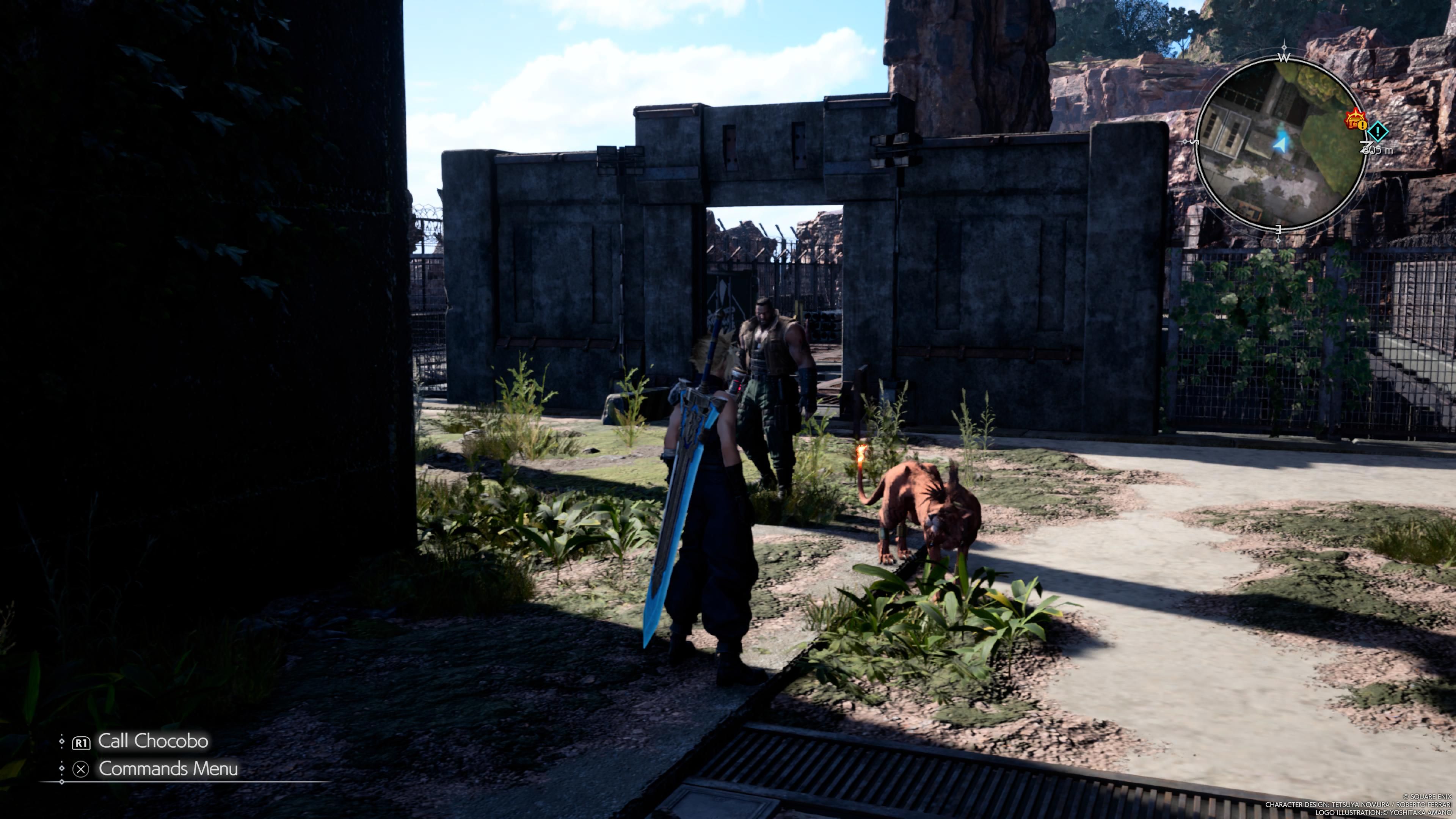 Cloud, Red and Barret standing near the entrance to the Training Facility - FF7 Rebirth