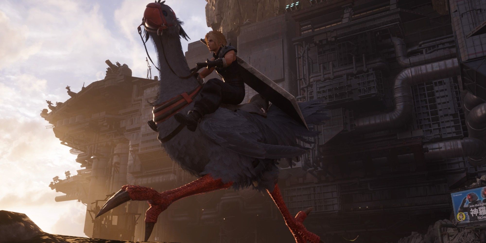 Cloud riding a gray chocobo outside Junon in FF7Rebirth