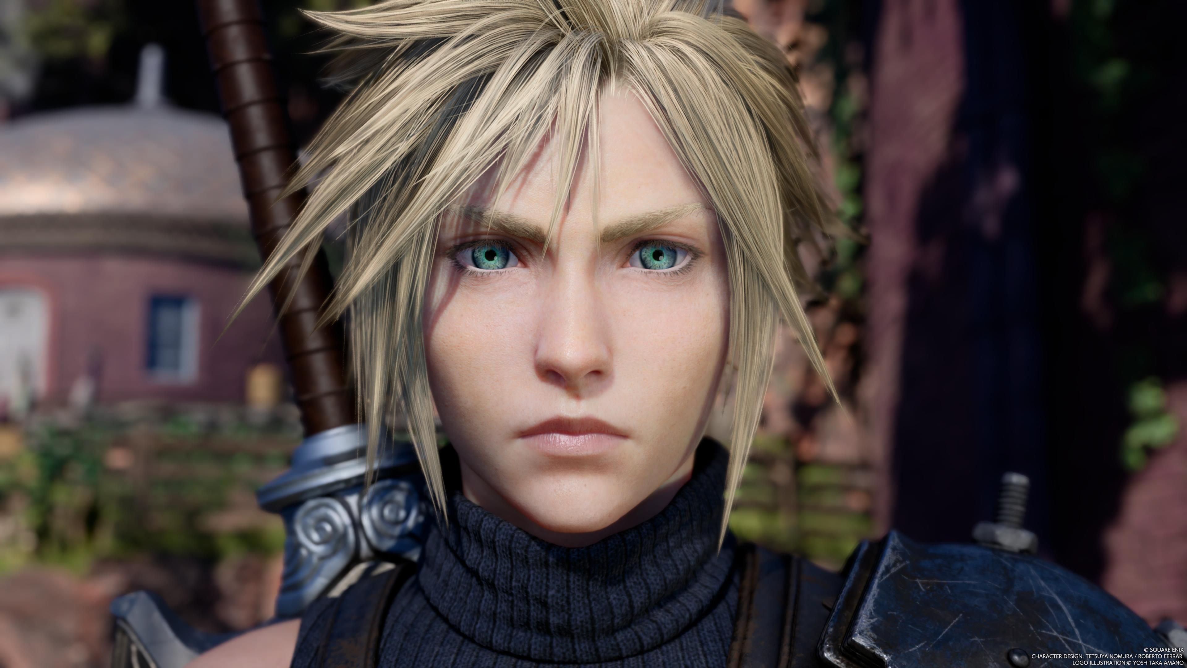 Cloud Strife looks forward at the camera in Gongaga in FF7 Rebirth