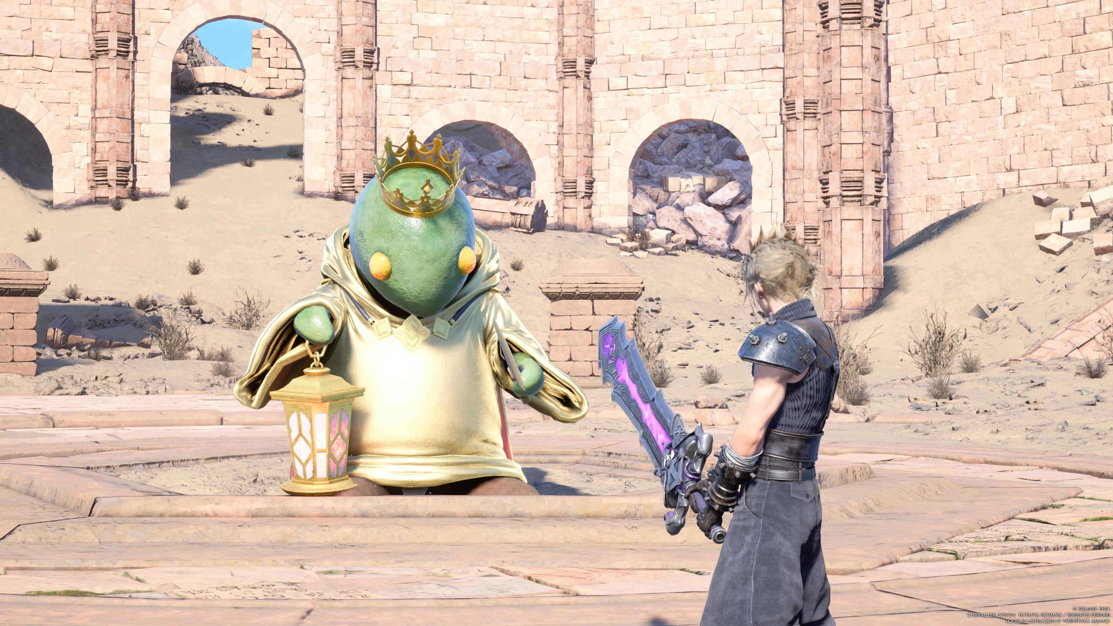 Cloud wields his sword upon the Tonberry King in Corel in FF7 Rebirth