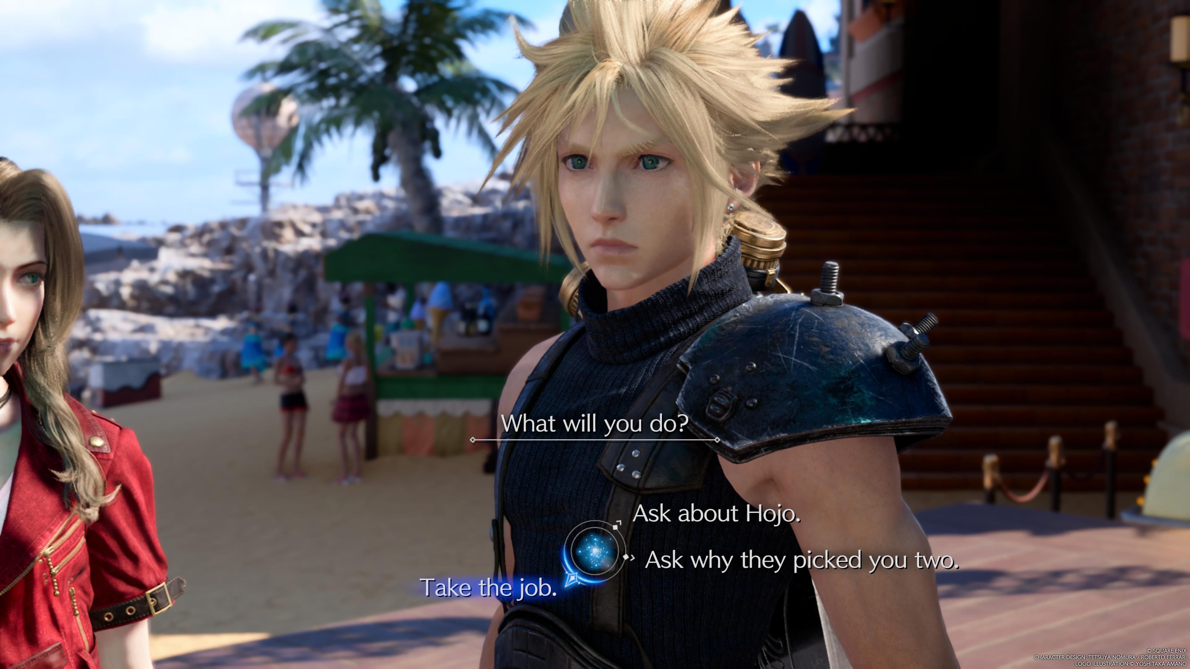 Cloud with the option to accept the quest from Fran, Naomi and Yorda - FF 7 Rebirth