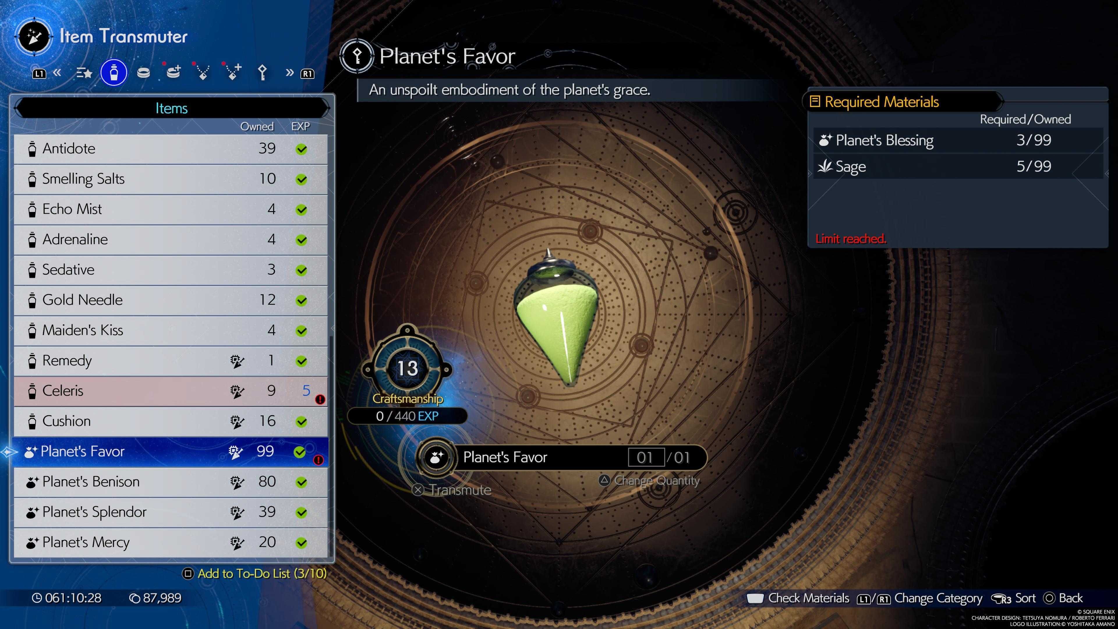 Crafting menu of the Planet's Favor - FF7 Rebirth