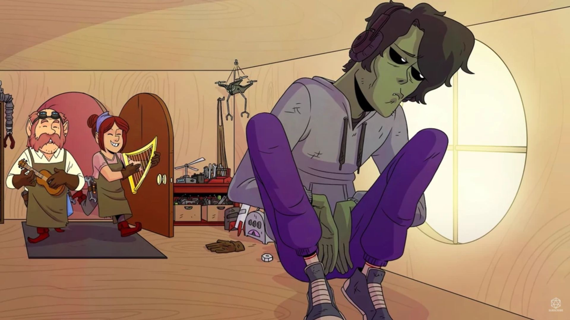 D20 Fantasy High gorgug thistlespring crammed in his tree home with his parents playing instruments