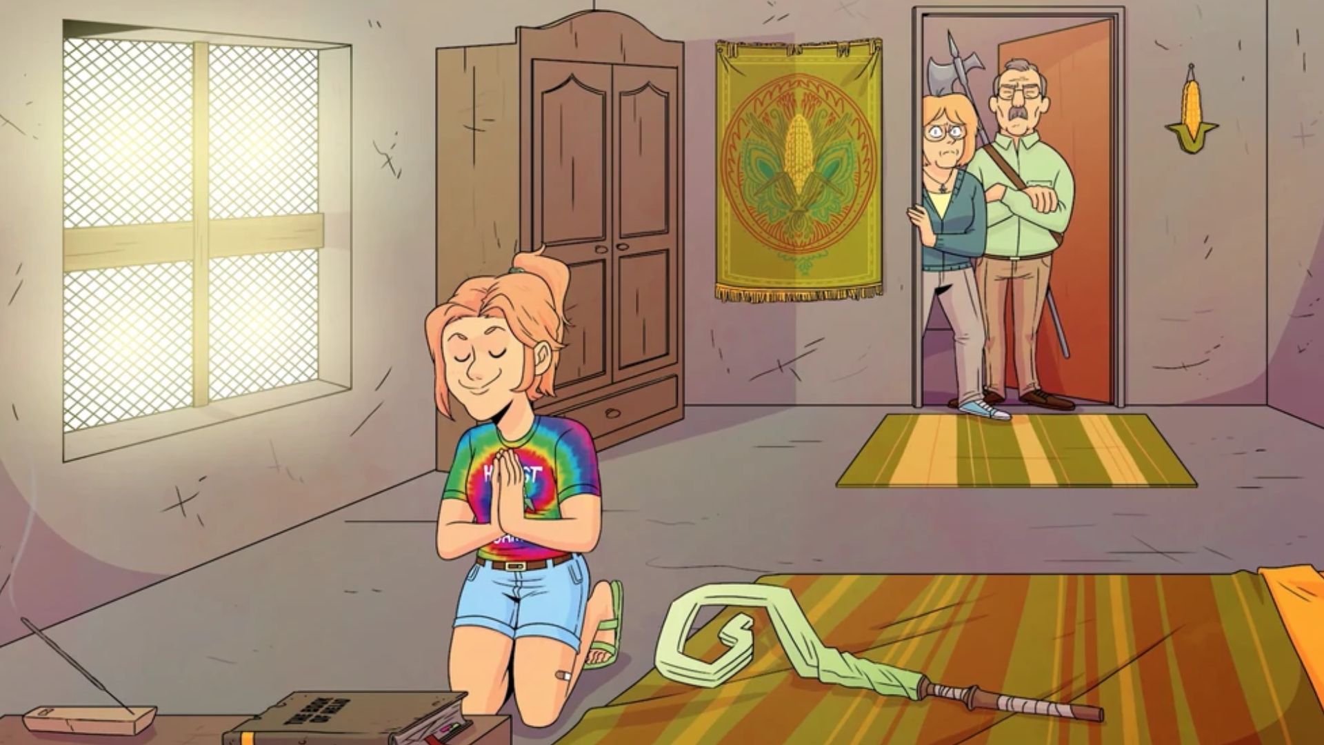 D20 Fantasy High Kristen Applebees praying to Helio in her room with her parents in the doorway