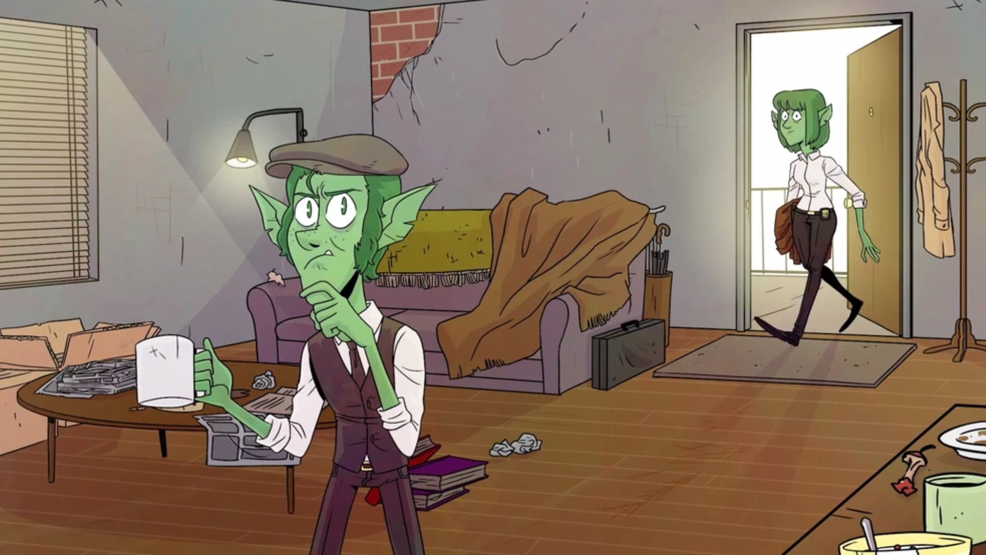 d20 fantasy high Riz Gukgag examining a clue as his mother returns home