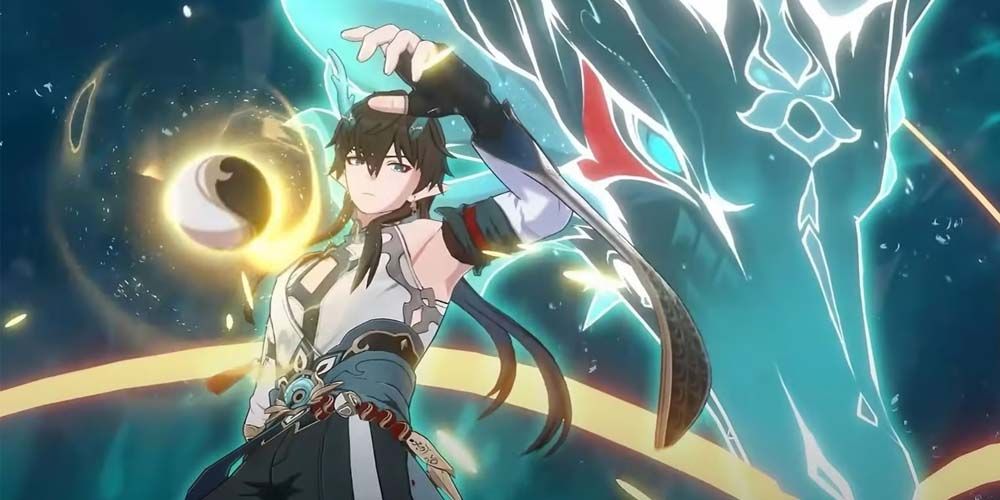 Dan Heng Imbibitor Lunae preparing to attack with his dragon behind him - Honkai Star Rail