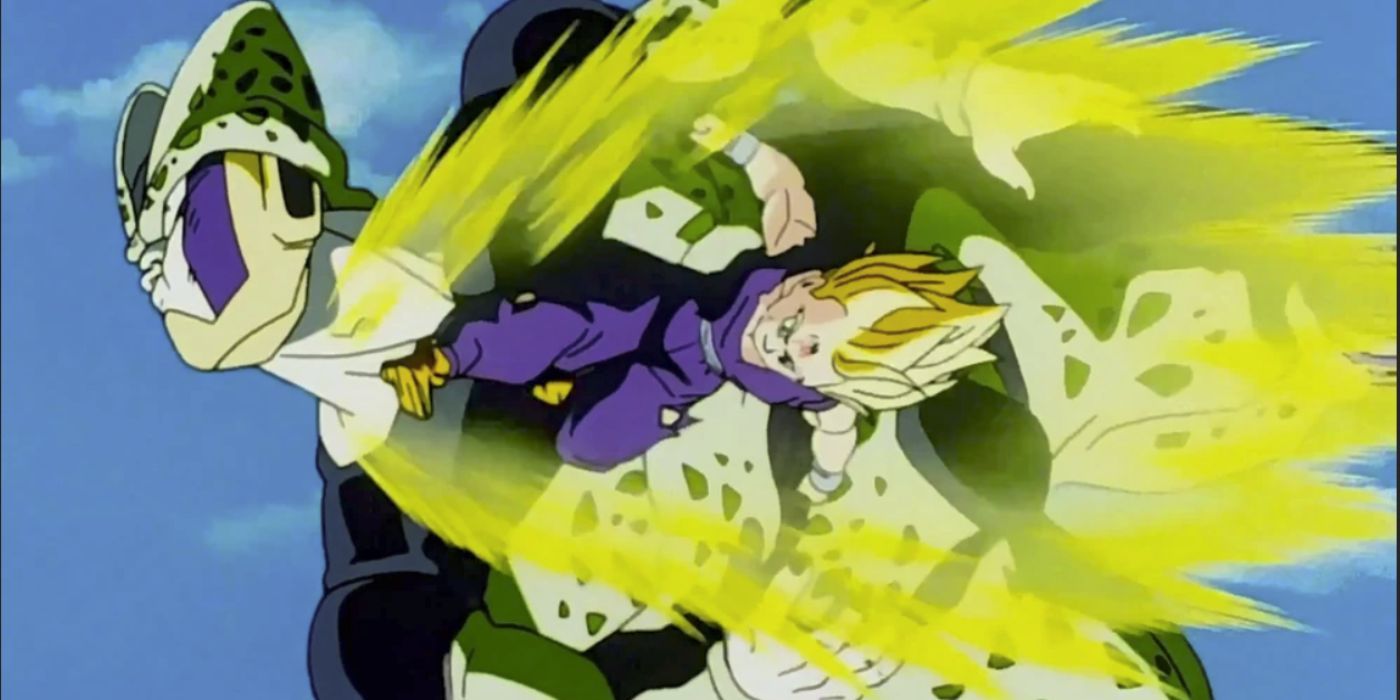 Super Saiyan Gohan kicks Perfect Cell in the face. 