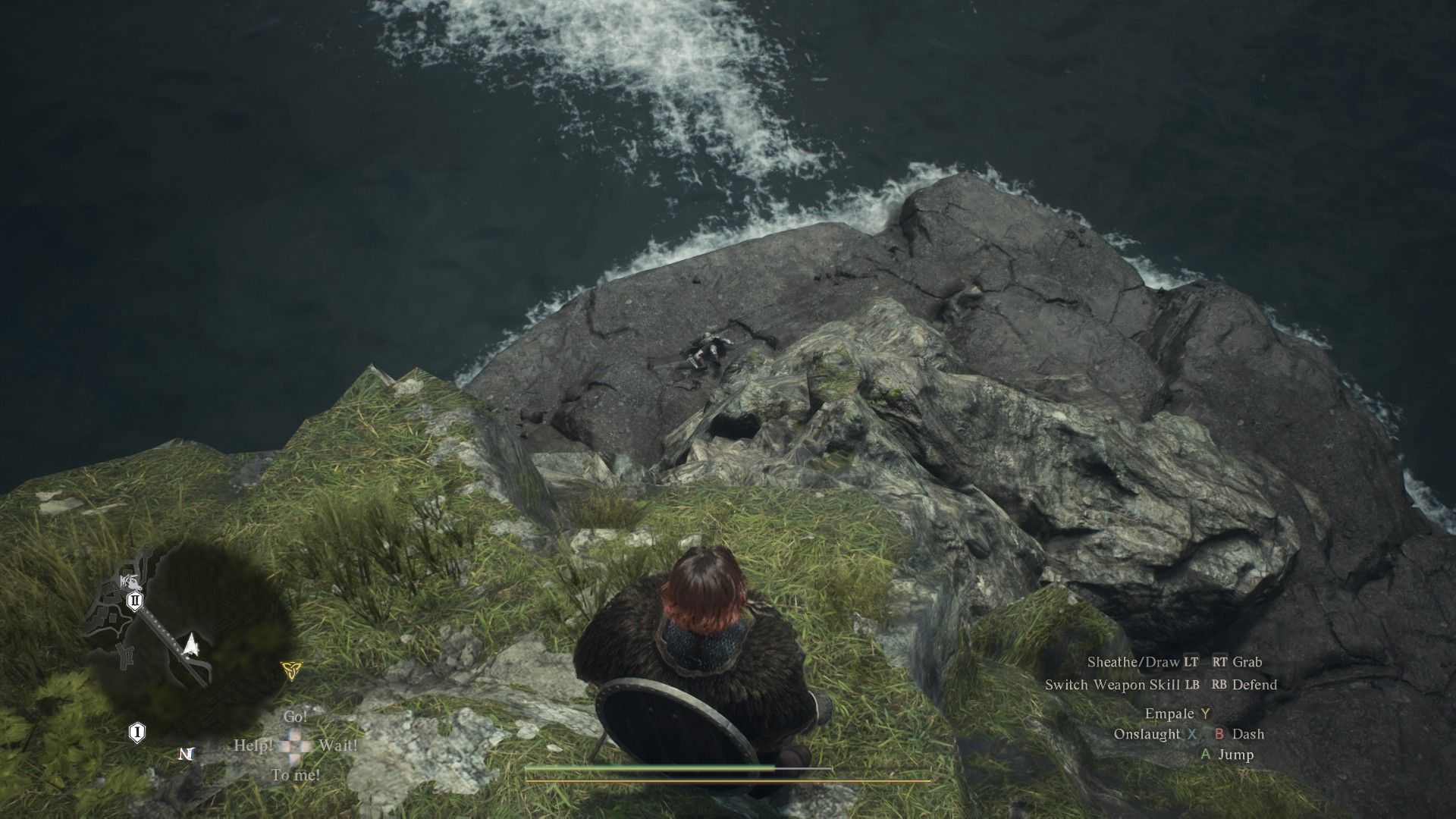 A soldier lies dead by a craggy coast while the Arisen stands above them on a cliff with UI elements, including the partially depleted Loss Gauge, on display
