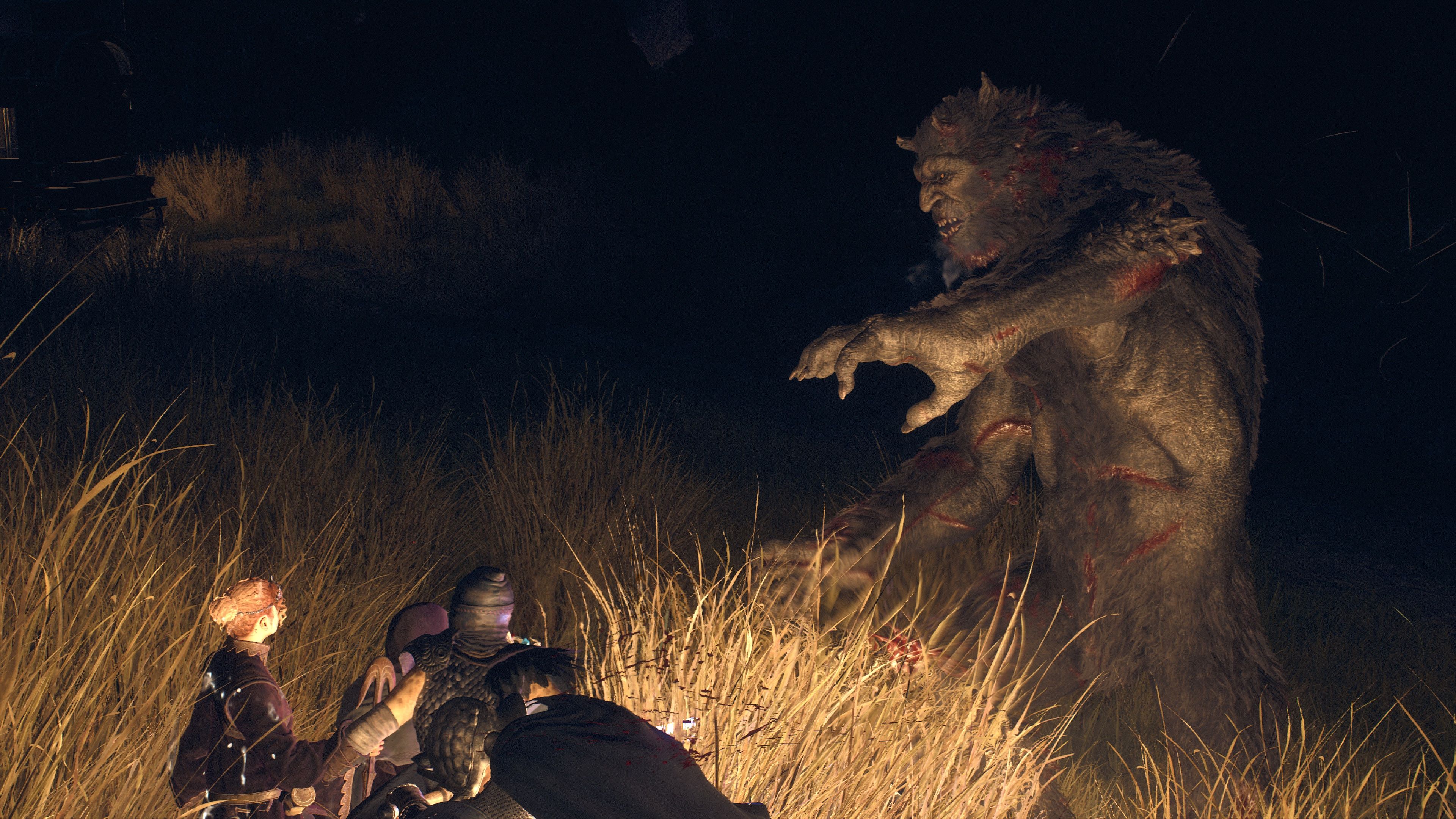 An Ogre Cowering In Fear in Dragon's Dogma 2.