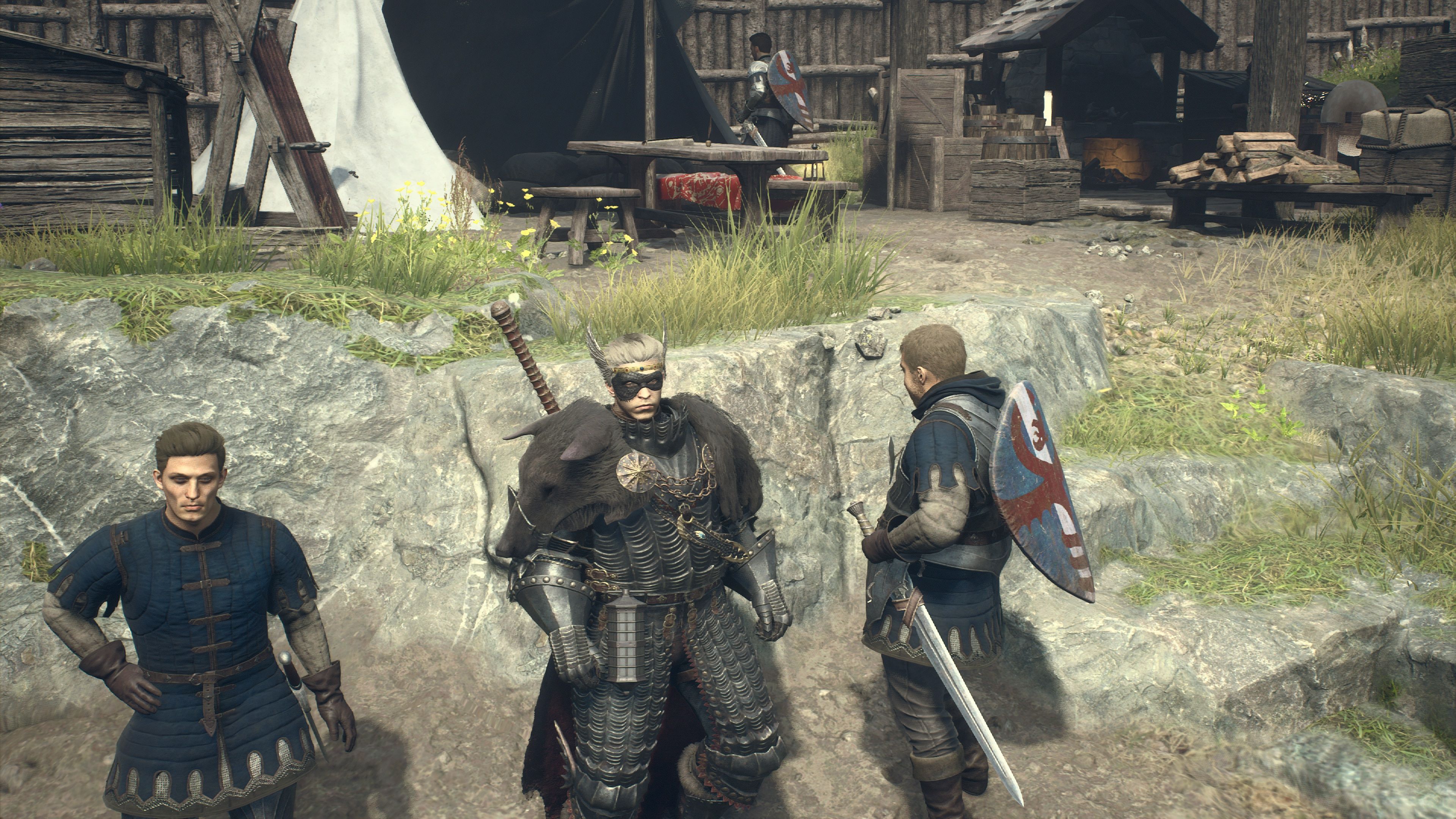 The Arisen stands besides Accardo's friends in Ordeals of a New Recruit in Dragon's Dogma 2.