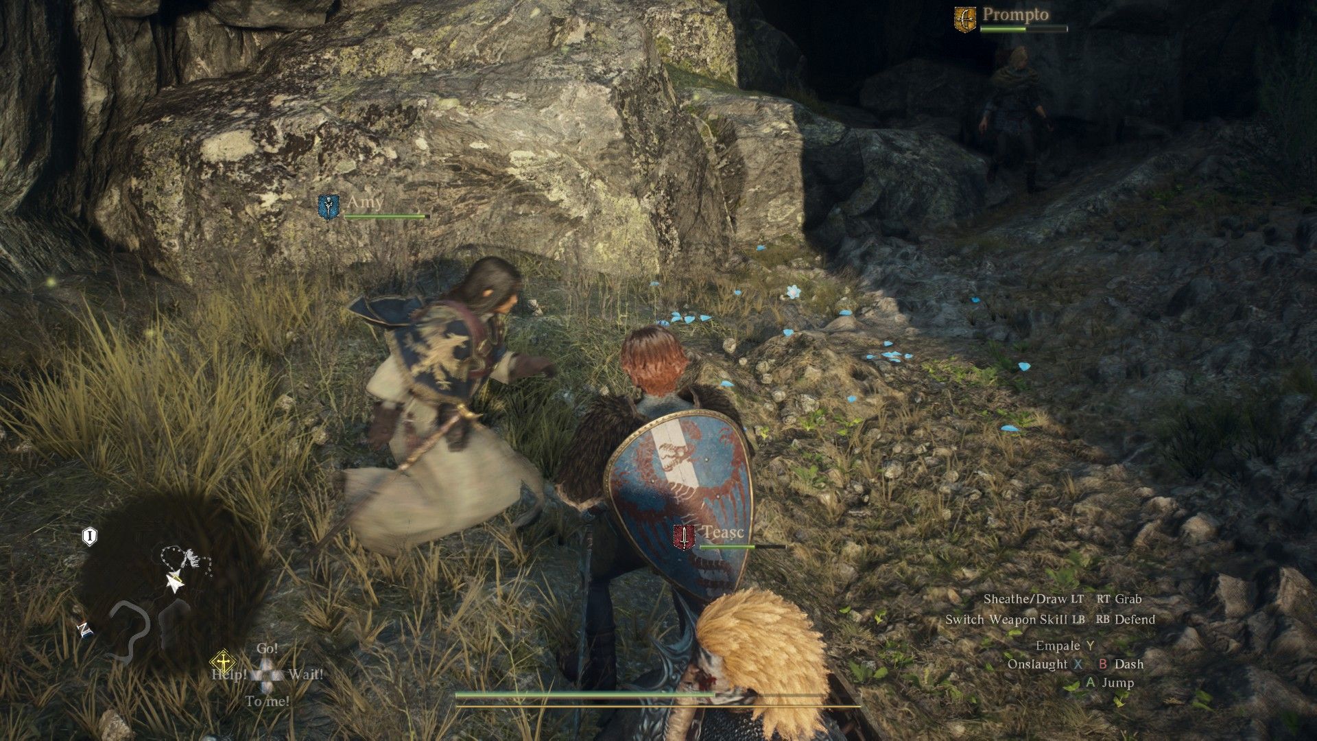 Dragon's Dogma 2 blue petals laying on the floor leading towards a cave in Dragon's Dogma 2
