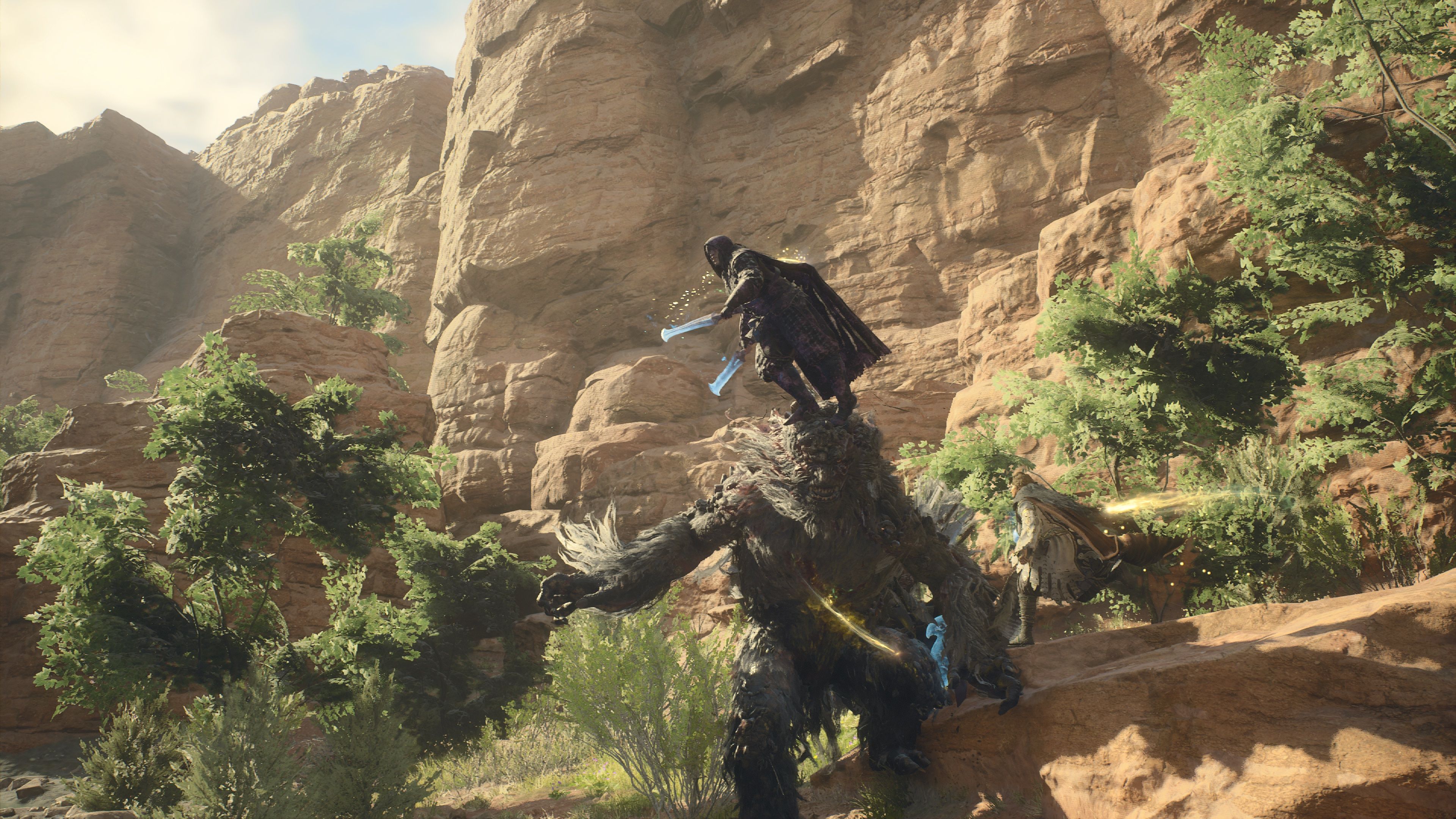 A thief jumps from an ogre's head in Dragon's Dogma 2.