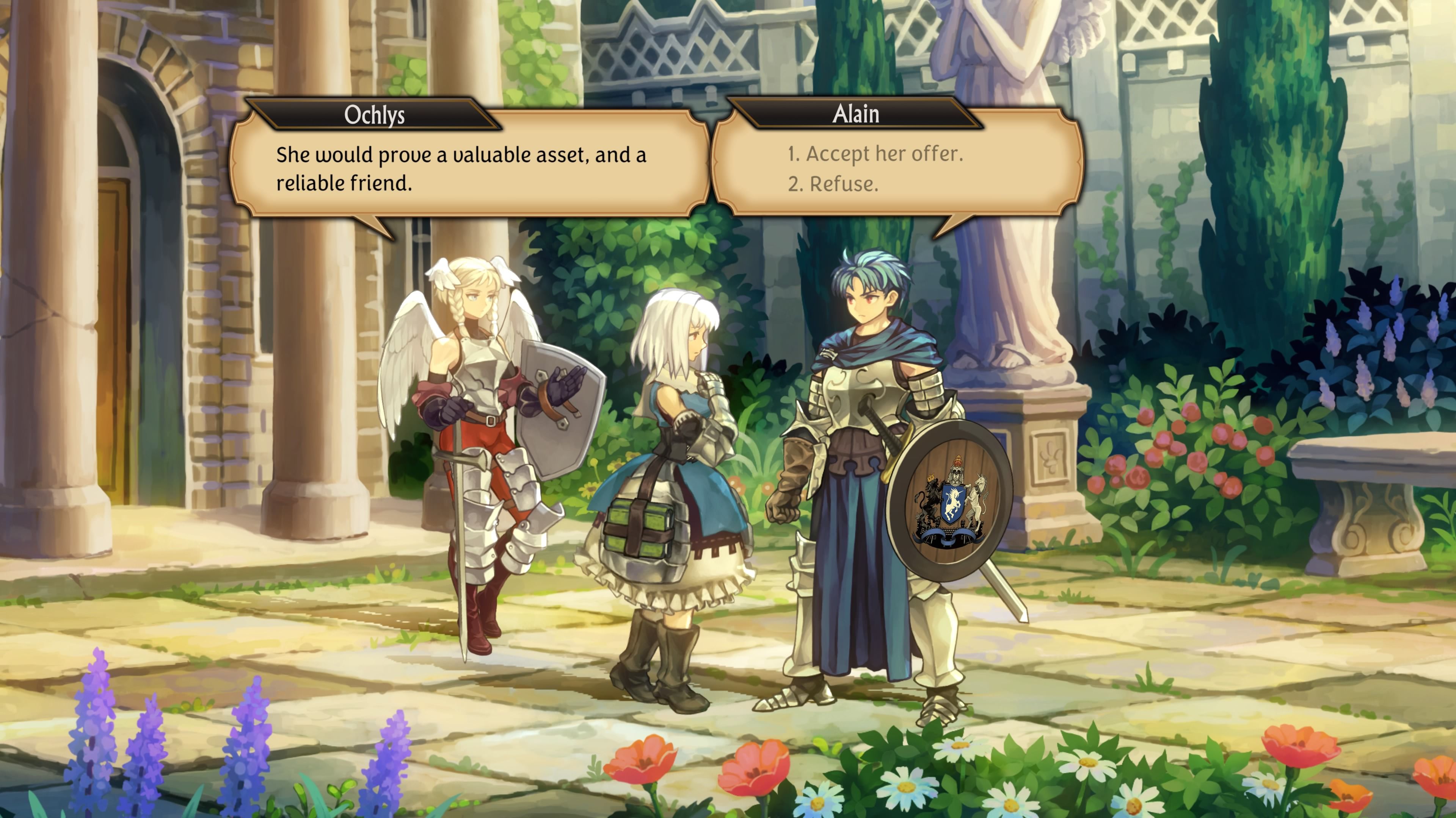 Deciding whether or not to accept Sharon into the army in Unicorn Overlord