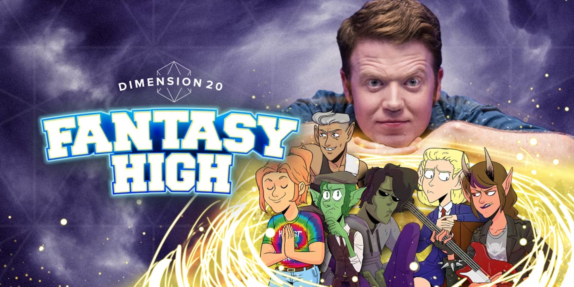 Dimension 20 Fantasy High promo Brennan Lee Mulligan above images of the campaign characters