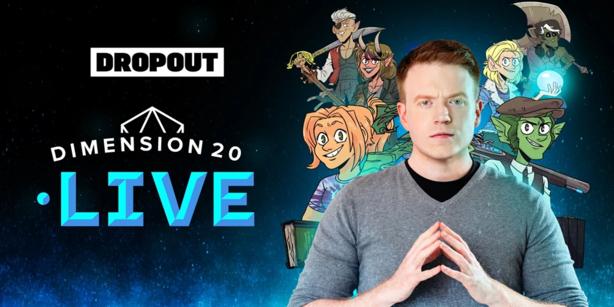 Dimension 20 live fantasy high sophomore year brennan lee mulligan in front of cast character image