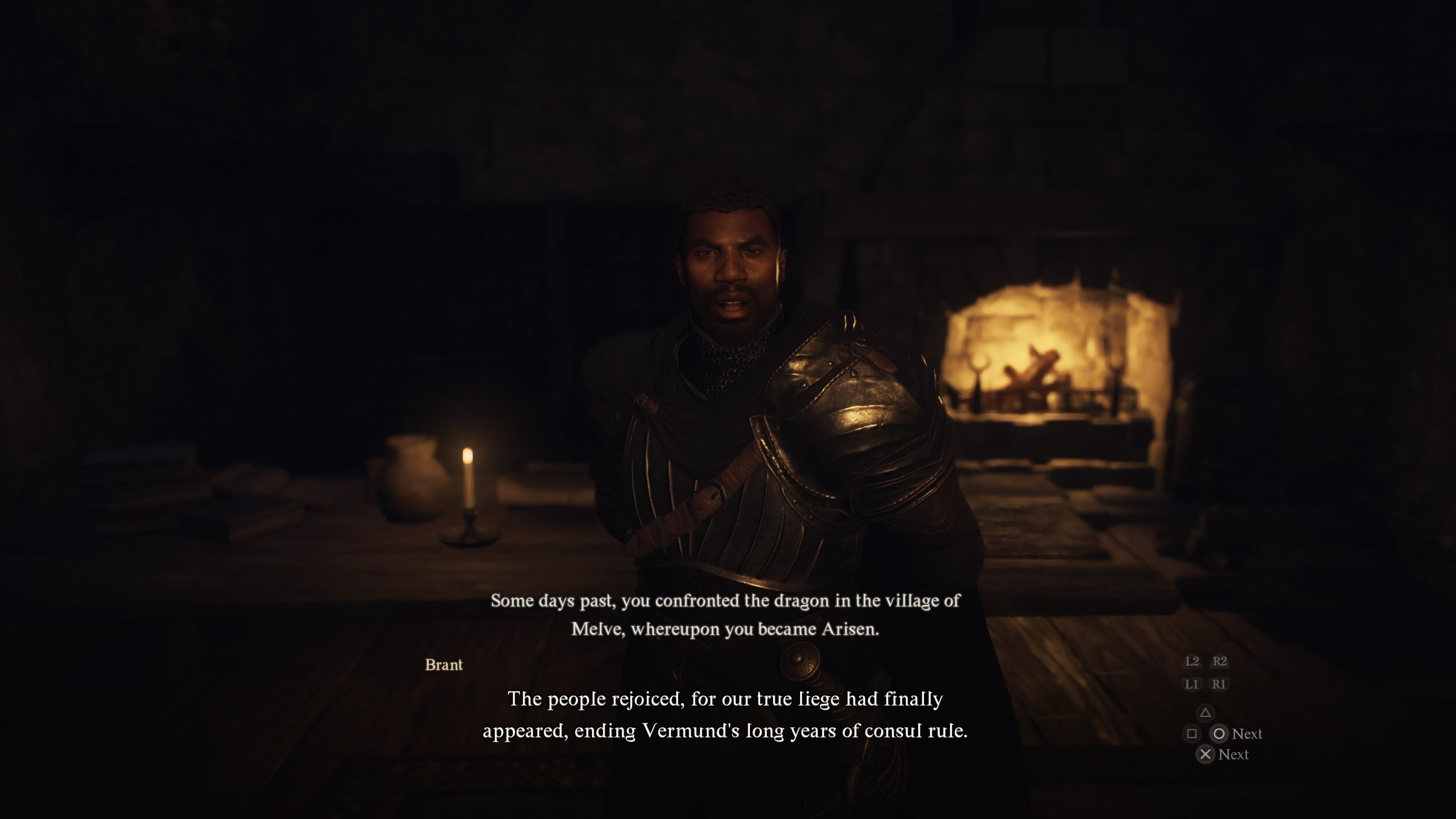 Player Arisen speaking to Brant in a small room soon after arriving in Vernworth in Dragon's Dogma 2.