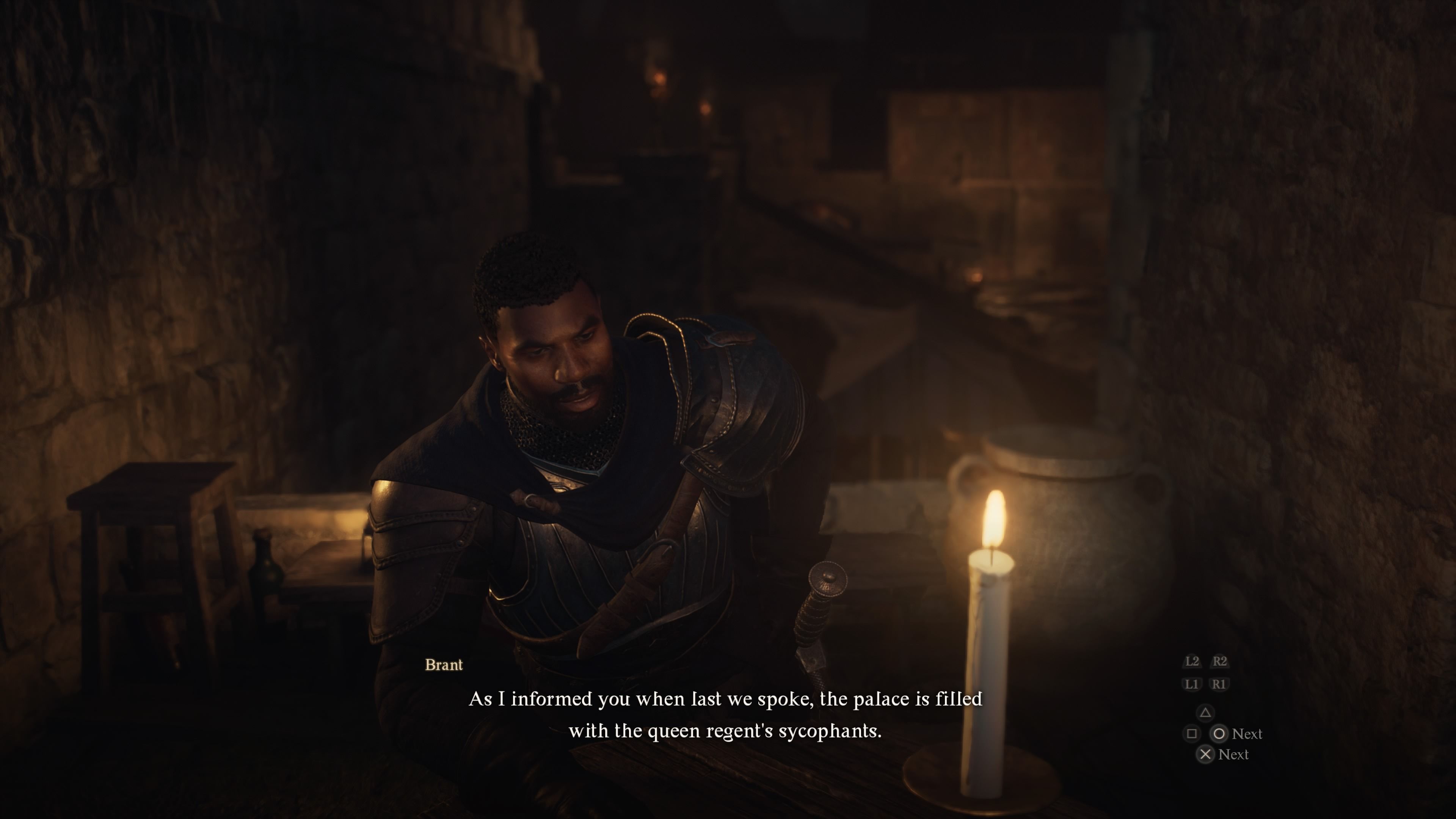 Player Arisen speaking to Brant at the Stardrop Taven while he talks about the palace in Dragon's Dogma 2.