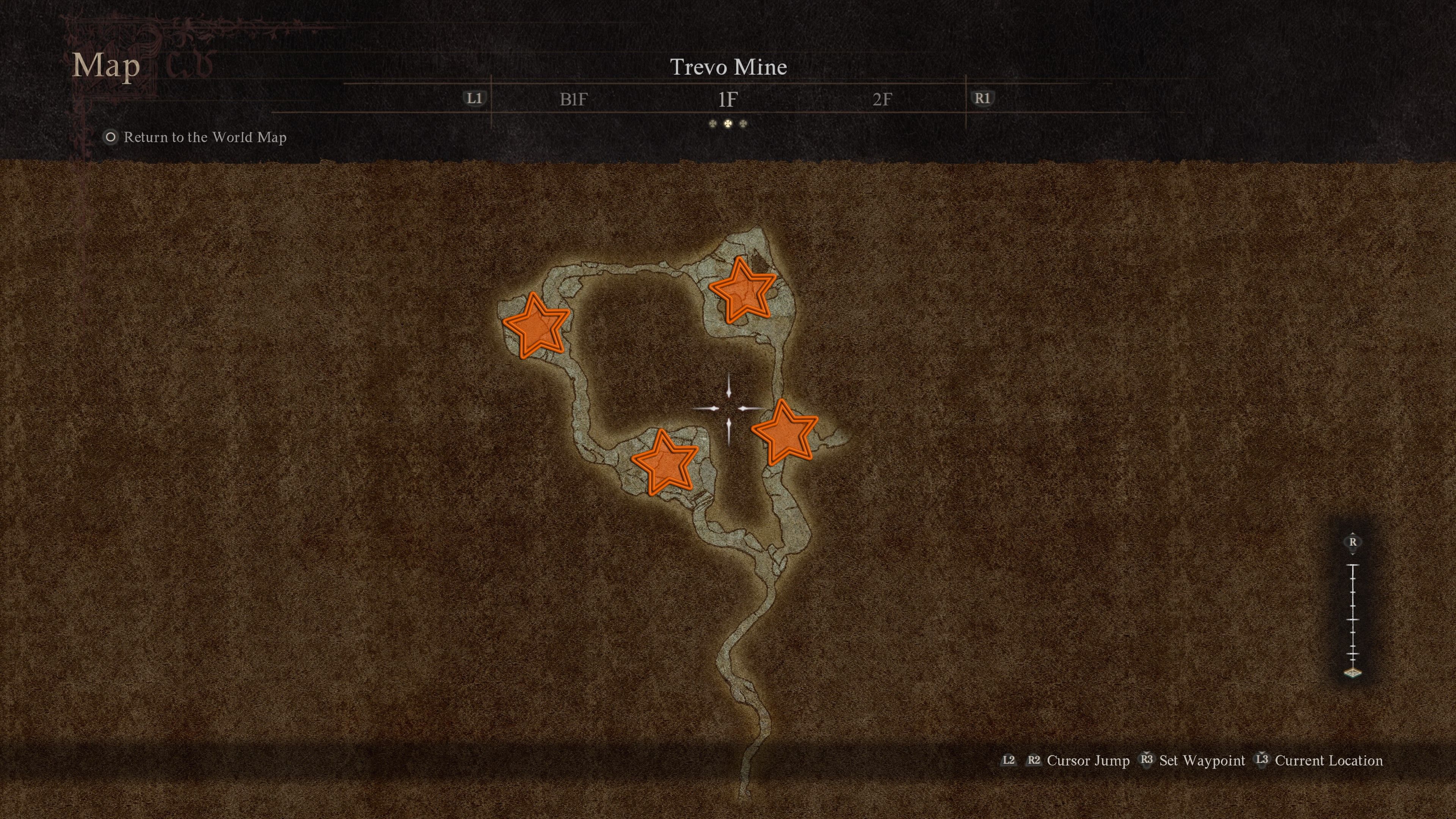 Close up view of Trevo Mine's map with four orange stars edited onto the main fights in Trevo Mine in Dragon's Dogma 2.
