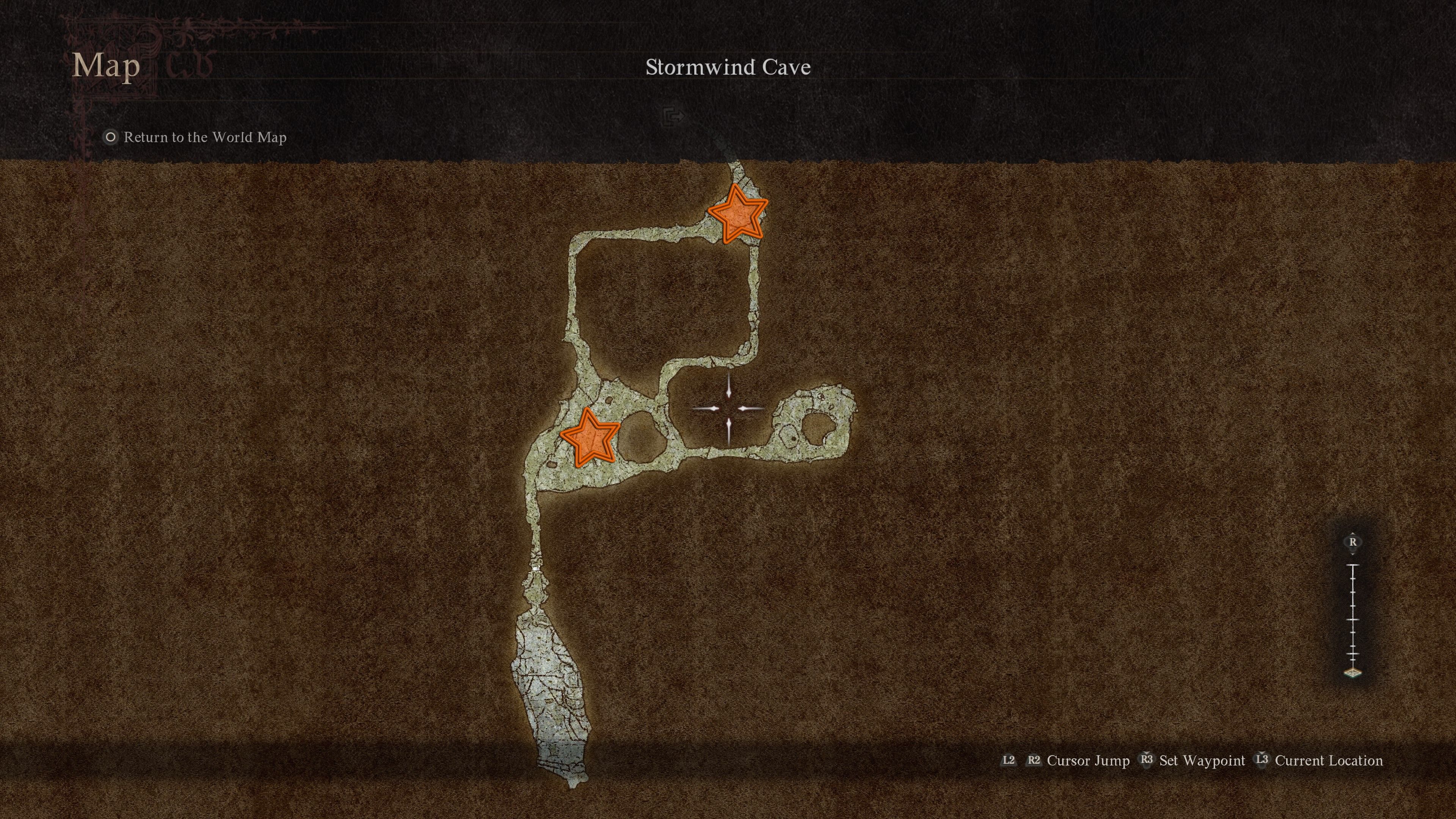 Map of Stormwind Cave with two orange stars edited onto it where quest objectives for Monster Culling are in Dragon's Dogma 2.