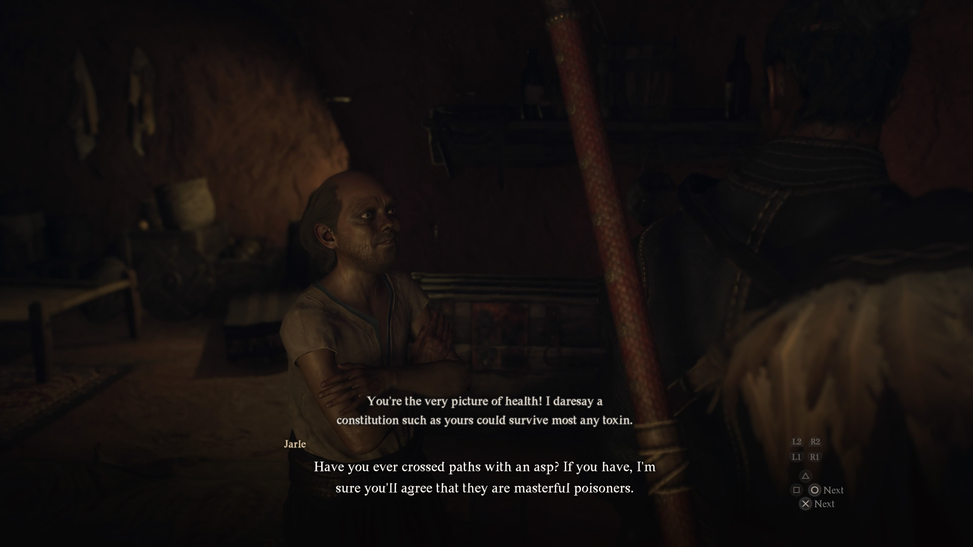 Jarle in his home and complimenting a Player Arisen on their health status in Dragon's Dogma 2.