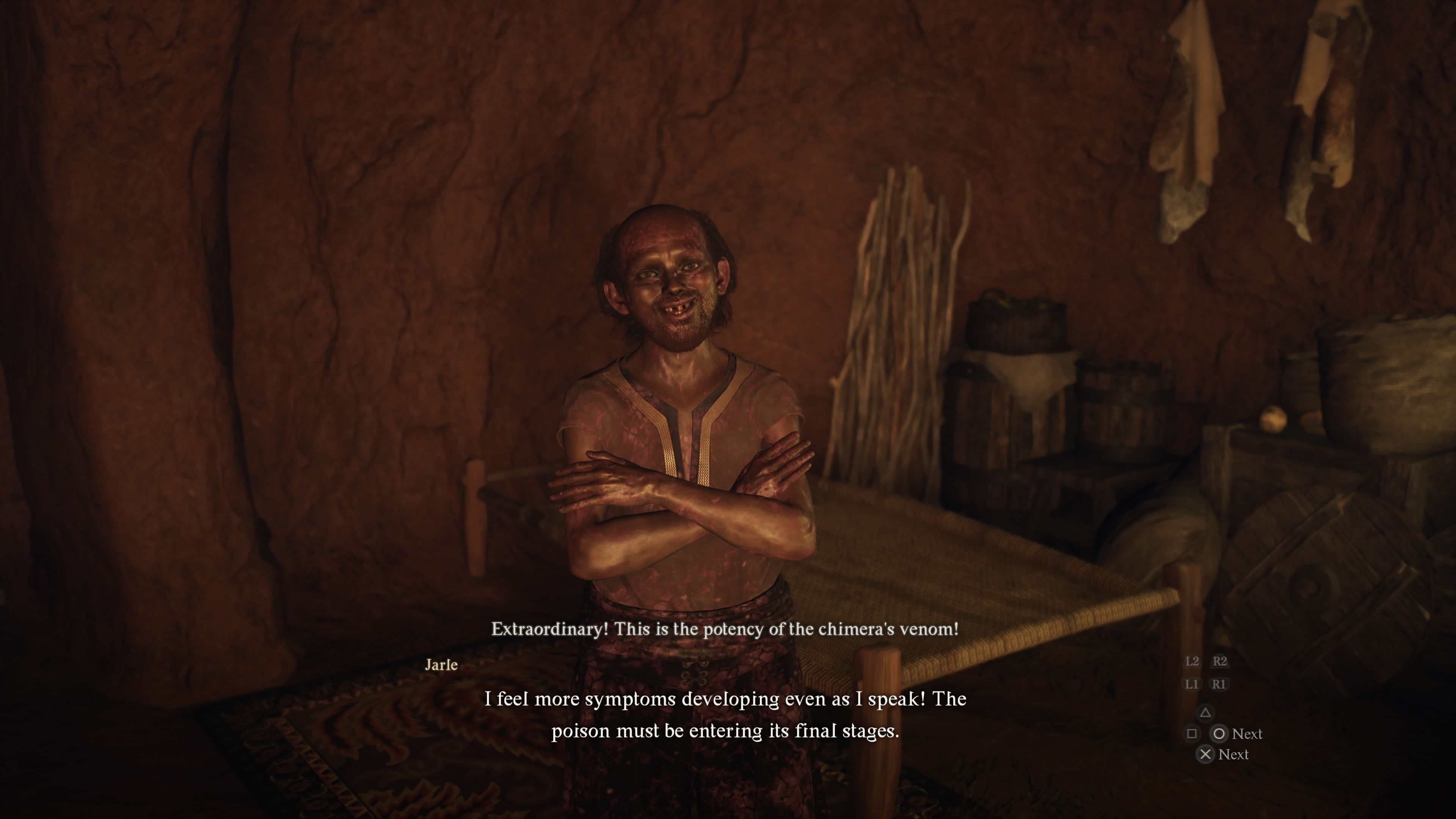 Player Arisen speaking to Jarle in his home after being poisoned by a Chimera in Dragon's Dogma 2.