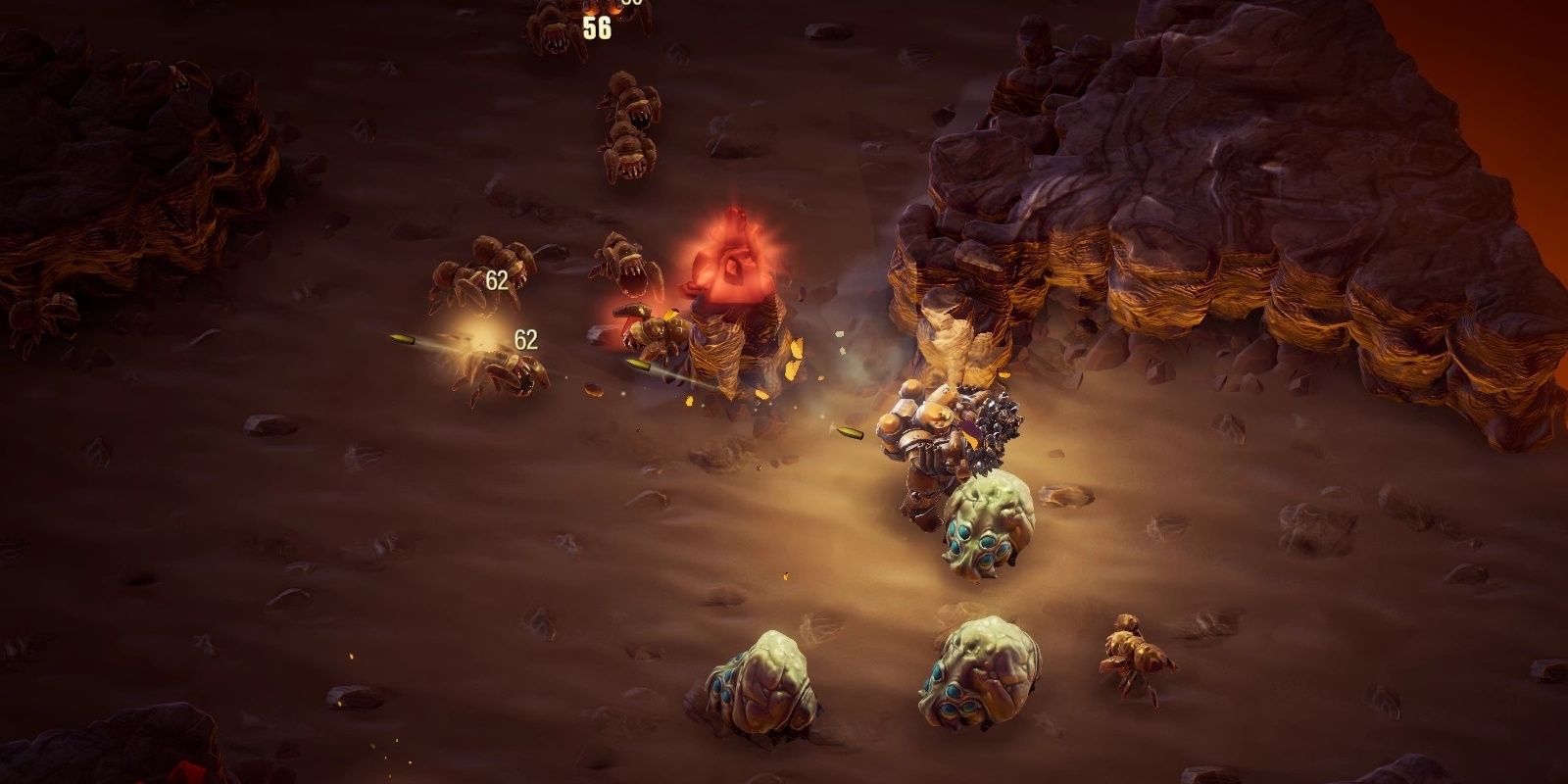 Deep Rock Galactic Survivor The Driller mines into an unfortunate Lootbug, shooting behind him at some bugs at the same time