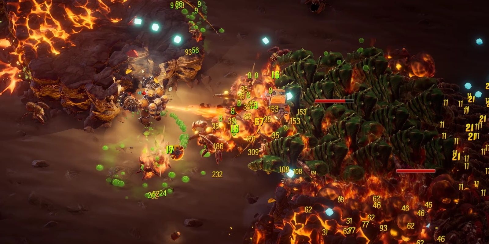 Deep Rock Galactic Survivor The Driller mines as he fires a flamethrower into the swarm